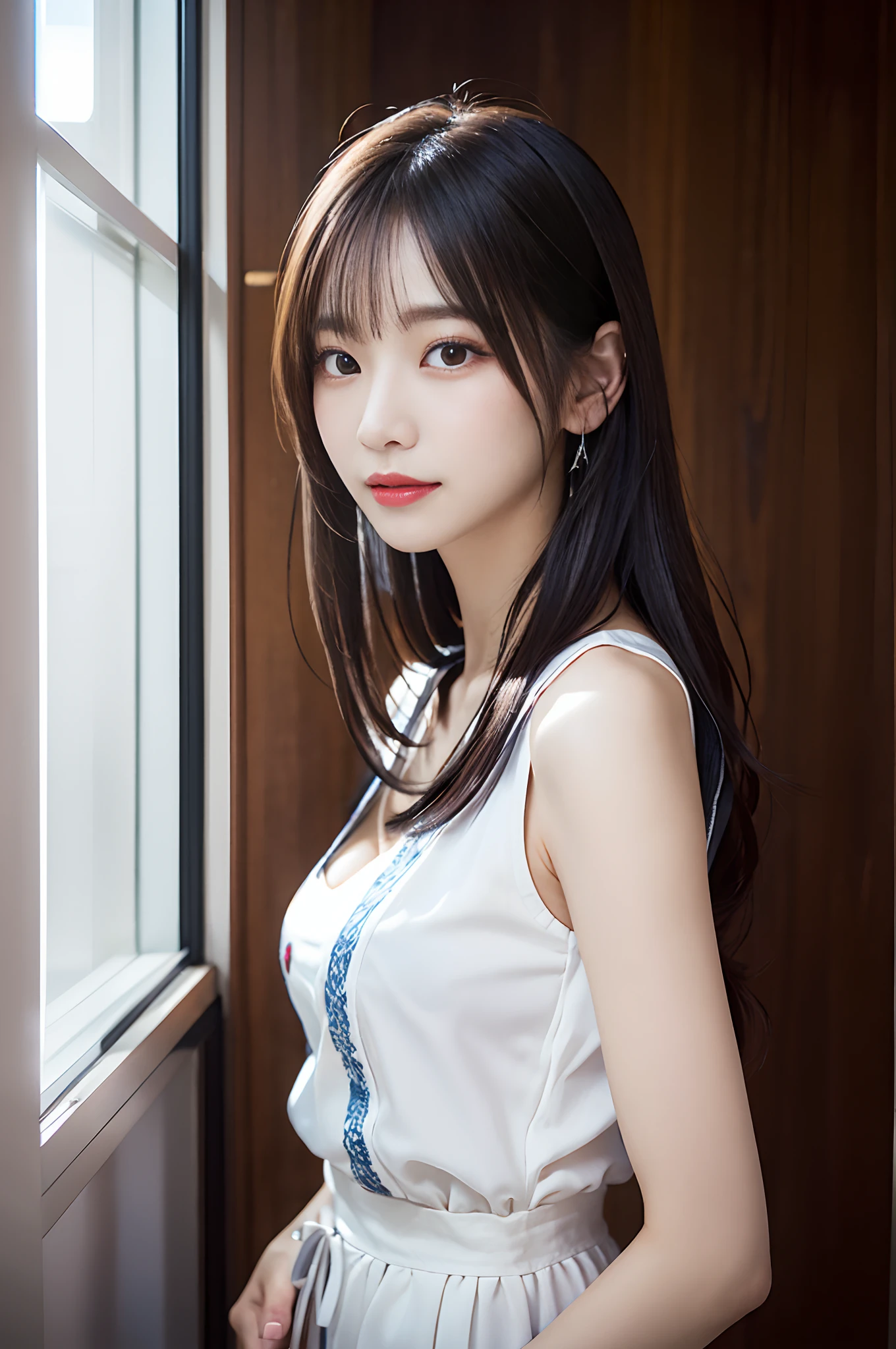 White see-through blouse,Face Interview, (Photoreal:1.4), (hyper realistic:1.4), (realistic:1.3), (smooth lighting:1.05), (Improve video lighting quality:0.9), 1 female, 20 year old woman, realistic lighting, Backlight, facial light, ray tracing, (cheerfulness:1.2), (Improved image quality:1.4), (Highest quality real texture skin), finely tuned, small face, red cheeks, slender body, medium-breasted pointed jaws,,, korean idol, Nogizaka idol, glowing skin, Gravure idol pose, P, dull bangs, light brown hair, hair behind the ear, hair on shoulders, long hair,tear bag,indoor、Natural lighting、high resolution、High definition、Super detailed、skirt、body whole、stand、boots