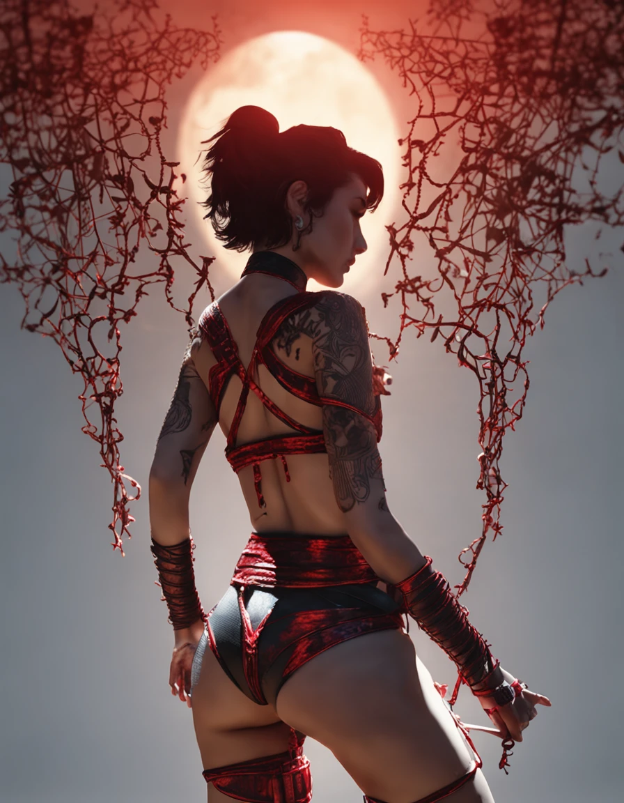 close up, (Backpose), inticate, detailed girl, very short hair, black hair, hourglass body, underwear, intricate straps, (sunset), shoulder, (bdsm), ((ropes)), red scars, harmful, cinematic lighting, ((intricate harness)), ((looking to the left)), photo, photography, depth of field, artistic photo, sexy, (sunbeams through the window), masterpiece, best quality, artstation