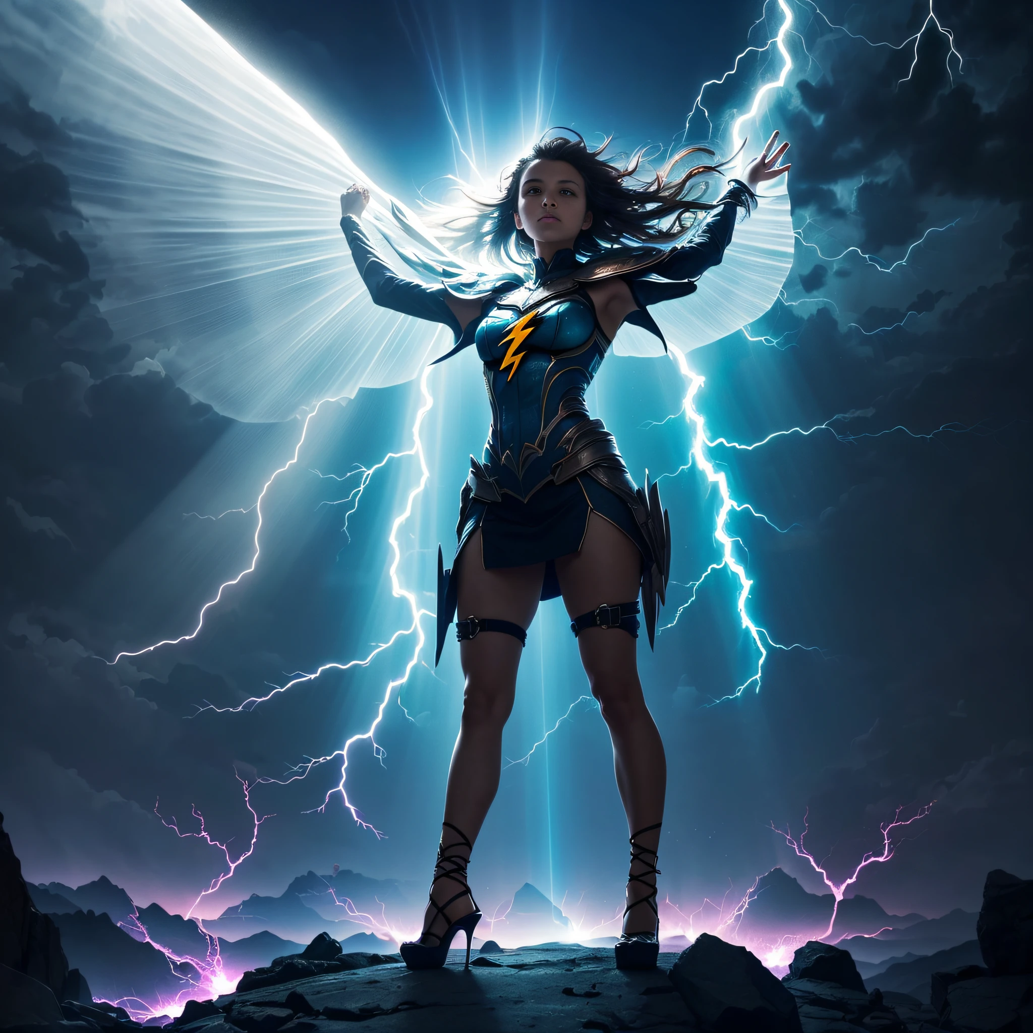 SOLO, Red striped turquoise full body armor, The white-haired girl spread her arms to the left and right, Bright lights, ((Suspended colorless crystal)), ((Hand dragging purple lightning)), neon-light-effect, Wear beautiful high heels, red capelet, Take a full-body photo, Huge moon background, Lightning in hand, full body, ((ultra-detailed)), (detailed light), ((Expressionless)), ((an extremely delicate and beautiful)), (((Many lightning bolts are connected together))), perfect eyes, Perfect iris, 64K, Huge moon background, (god rays:1.5), (illustration), from below, atmospheric perspective, foreshortening, glowing light, Cinematic lighting, (((best quality))), (((masterpiece)))