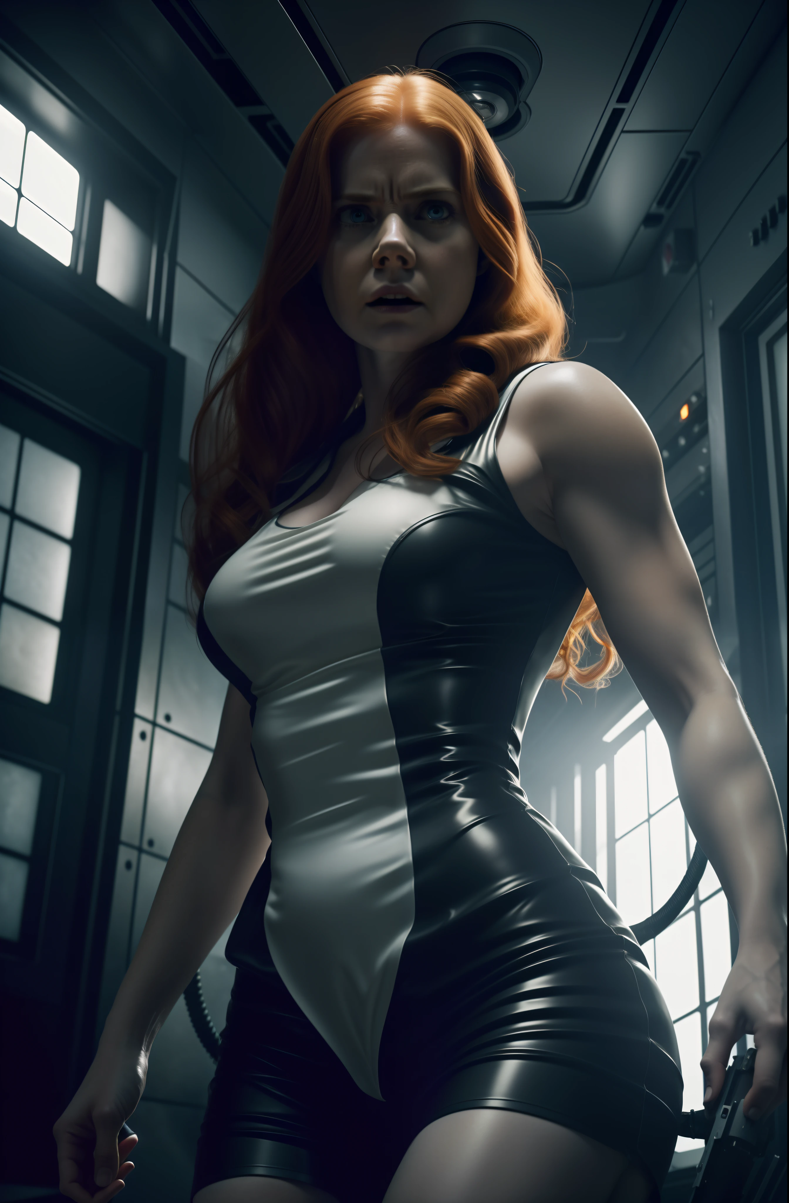 Hot terrified Amy Adams as a Scientist Hiding from deformed twisted scary slayer on Ishimura Horror Space Ship photography, natural light, photorealism, cinematic rendering, ray tracing, the highest quality, the highest detail, Cinematic, Third-Person View, Blur Effect, Long Exposure, 8K, Ultra-HD, Natural Lighting, Moody Lighting, Cinematic Lighting