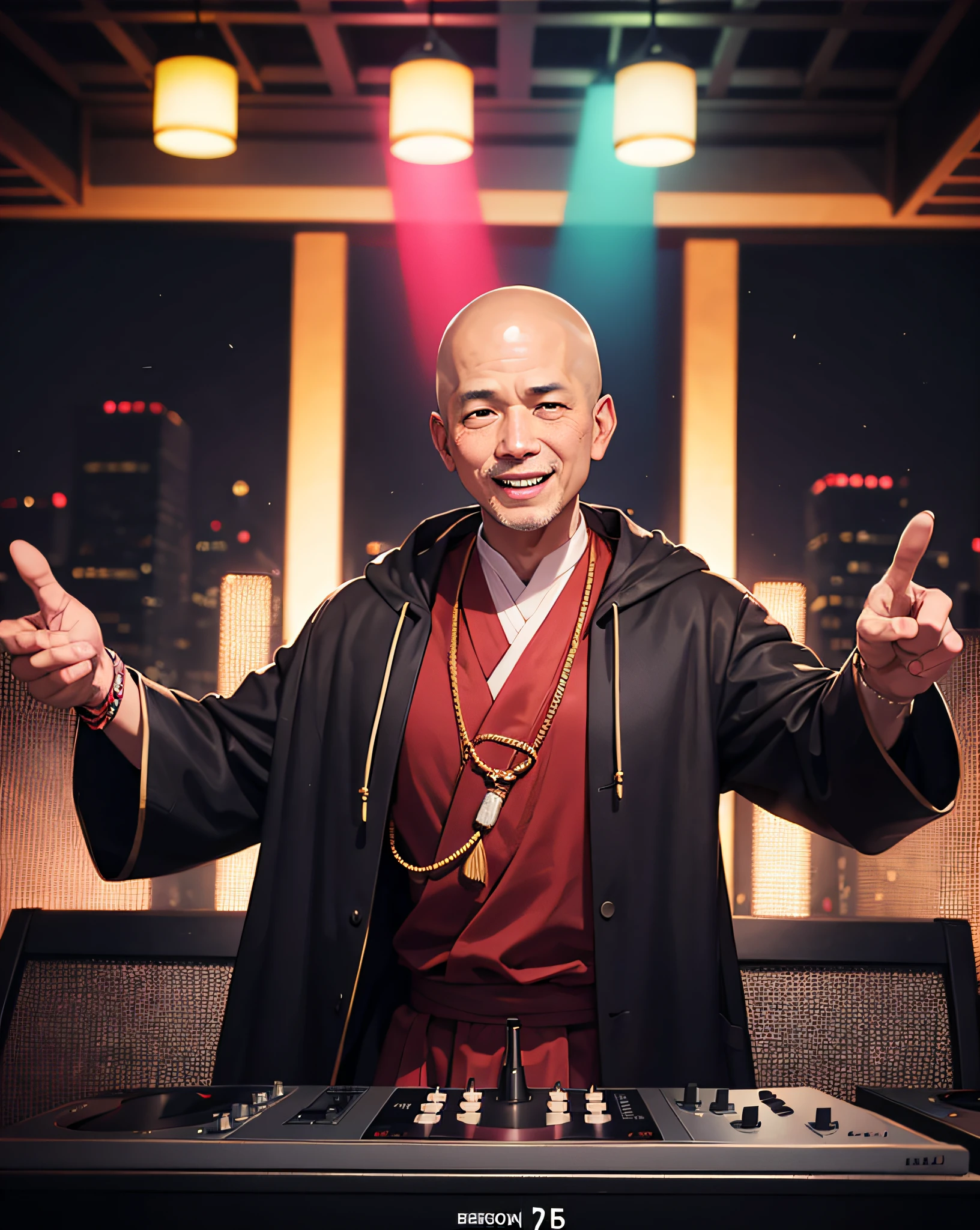 Illustration of a Tibetan elder monk playing a DJ.

A scene in which a monk in a black monk's robe with a shaved head is operating a DJ player in front of the DJ booth. age of 55, 
In the background, the neon lights of a night club shine.
The monk has a smile on his face, and he seems to be enjoying himself as a DJ.
The people around me are dancing to the monk's DJ.