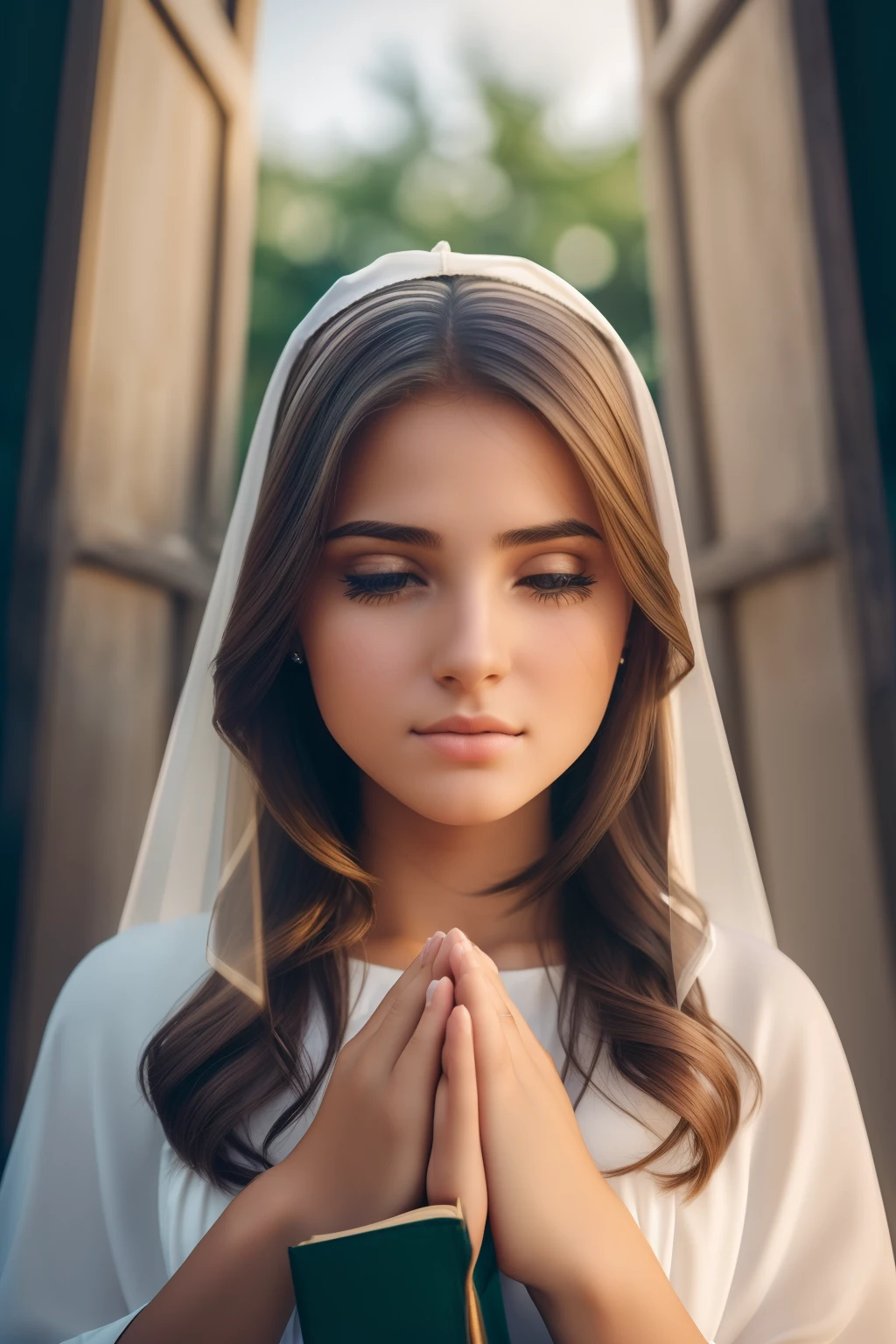 (A beautiful young woman praying with the bible))((Head forward)) ((Roupas do Evangelho)) (back window))((open eyes looking at camera))(iluminado pela luz do fogo)((OLHAR FRONTAL) (8k),Realistic, foto real, detalhe,perfeito, arte,