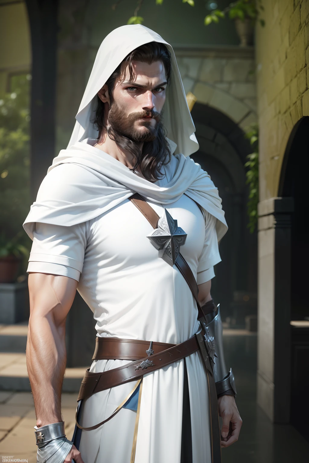 Create a Templar, Knightfall series, wearing white tunic with red cross, dark beard, similar to actor Jamie Dornan, super detail-oriented, realistic, Jamie Dornan, Templar, blue eyes, cinematic style, Knightfall, 8k resolution, best quality, close up.