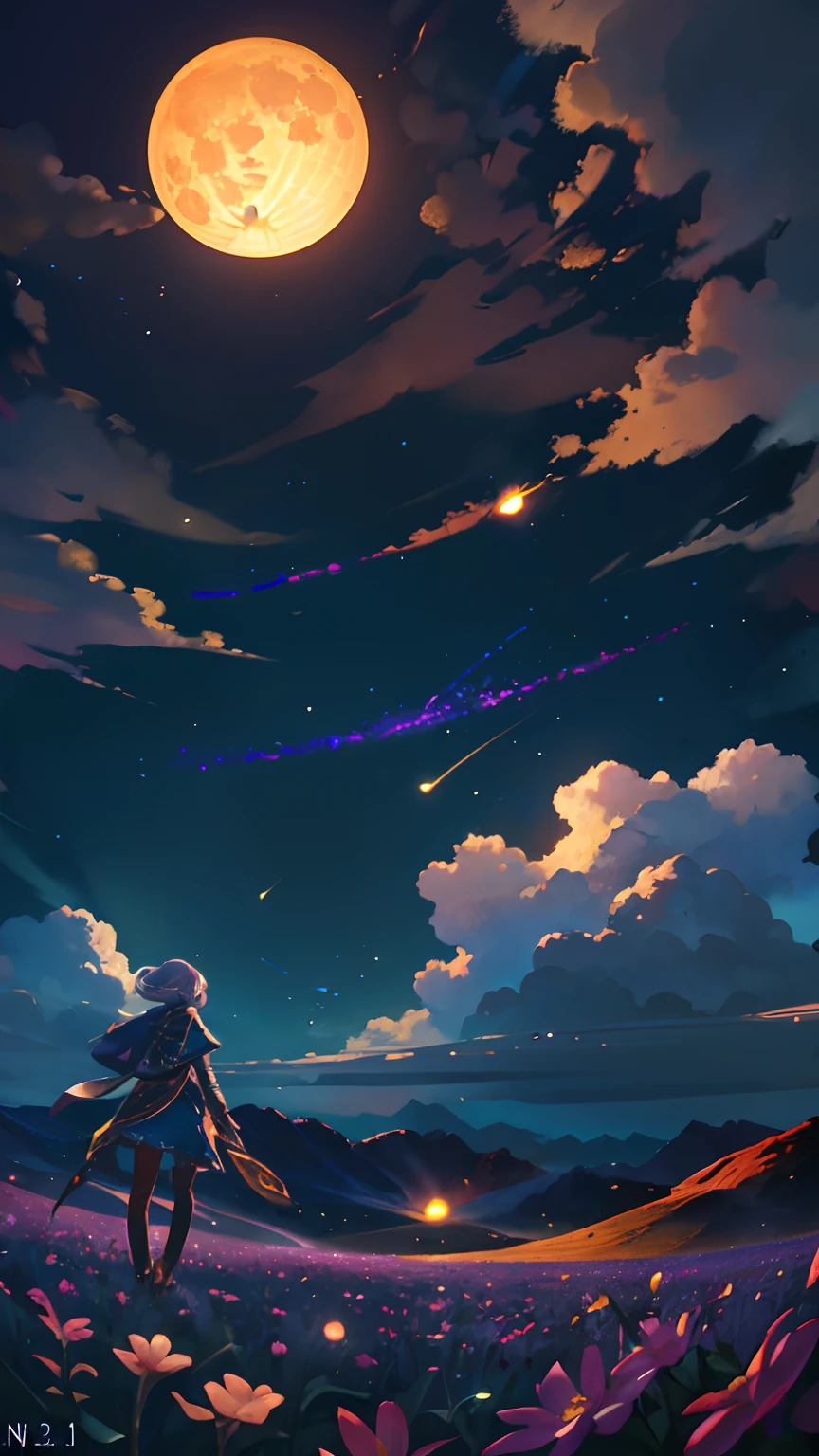 Vast landscape photo, (viewed from below, the sky is above and the open field is below), a girl standing on a flower field looking up, (full moon: 1.2), (meteor: 0.9), (nebula: 1.3), distant mountains , Trees BREAK Crafting Art, (Warm Light: 1.2), (Fireflies: 1.2), Lights, Lots of Purple and Orange, Intricate Details, Volumetric Lighting, Realism BREAK (Masterpiece: 1.2), (Best Quality), 4k, Ultra-Detailed, (Dynamic Composition: 1.4), Very Detailed, Colorful Details, (Rainbow Colors: 1.2), (Glow Lighting, Atmospheric Lighting), Dreamy, Magical, (Solo: 1.2)
