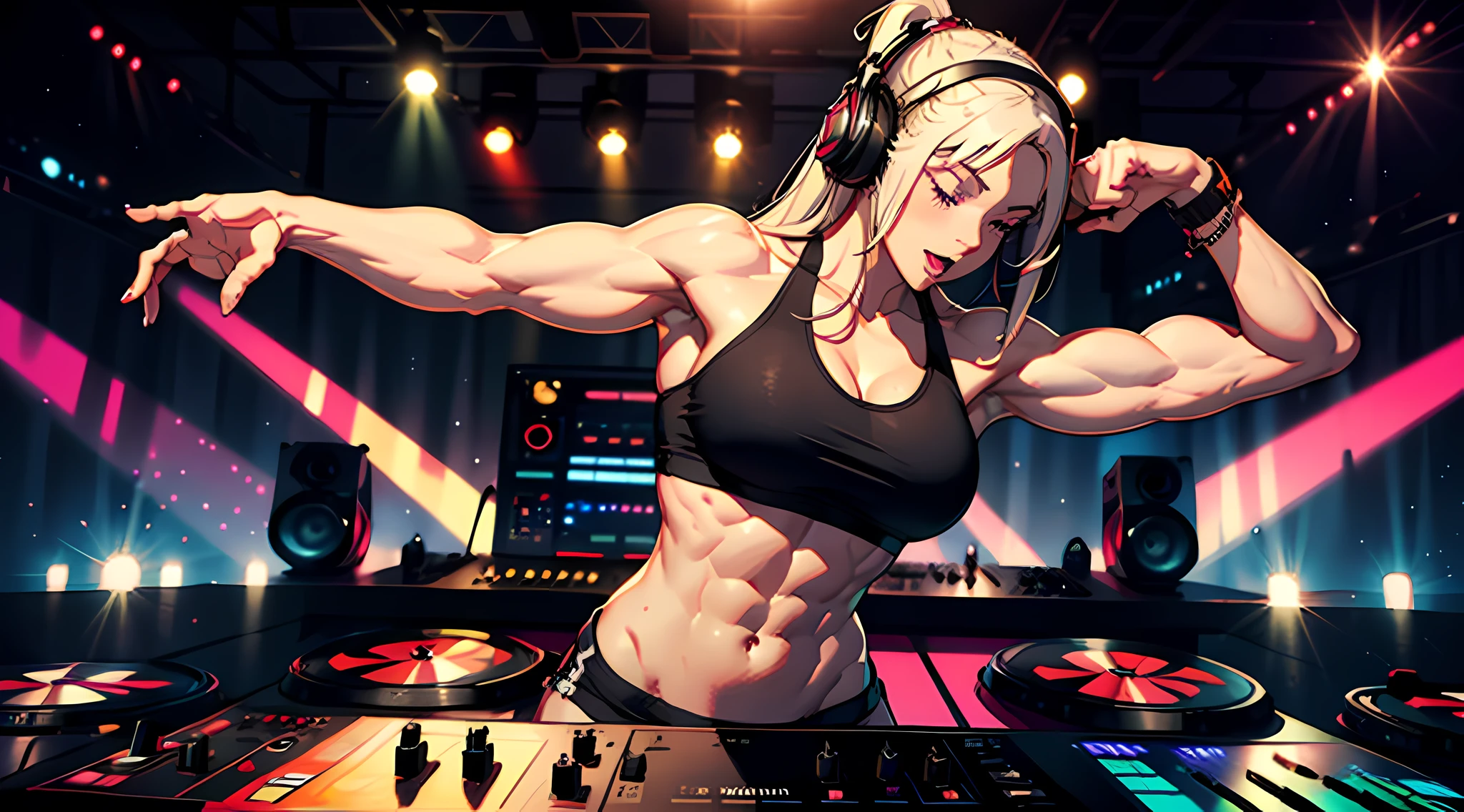An illustration of a female bodybuilder with a height of 2m who is DJing while showing off her muscles.

The female bodybuilder is 2m tall and has a muscular build.
A female bodybuilder wears a tank top and shorts, exposing her muscles.
A female bodybuilder is standing in a DJ booth and playing music with turntables and a mixer.
A female bodybuilder is playing music while showing off her muscles.
Audiences are overwhelmed and go wild with her female bodybuilder muscles.
This illustration shows a strong and dynamic representation of a 2m tall female bodybuilder DJing while showing off her muscles. You can clearly see the enthusiastic audience overwhelmed by the muscles of the female bodybuilders.