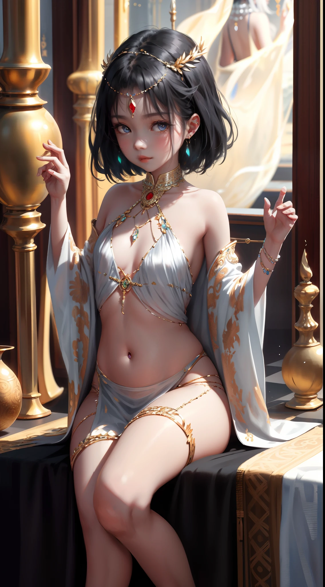 wlop, aeolian, ethereal glowing, jewelry, cute female child, orient, Black hair, eBlue eyes, Silver-toned earrings,arching back, navel, Thighs