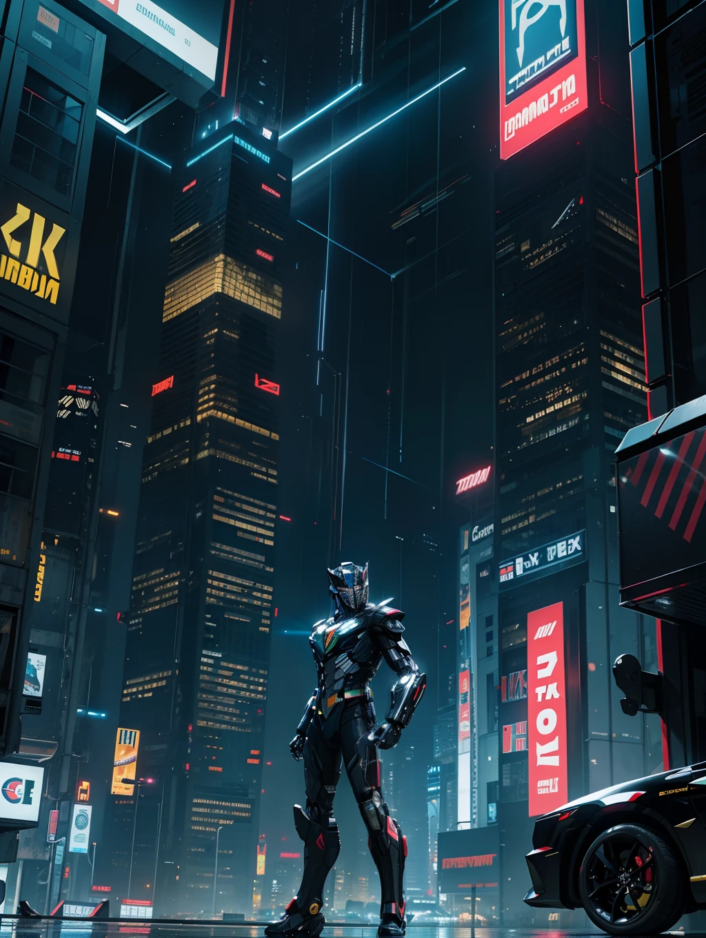 Cristiano Ronaldo standing next to Optimus Prime, Bumblebee, Transformers robots, Cyberpunk style, cyberpunk futuristic megacity in the background, raining, neon lights, 8K, UHD