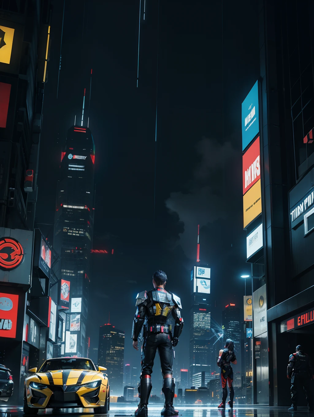 Cristiano Ronaldo standing next to Optimus Prime, Bumblebee, Transformers robots, Cyberpunk style, cyberpunk futuristic megacity in the background, raining, neon lights, 8K, UHD