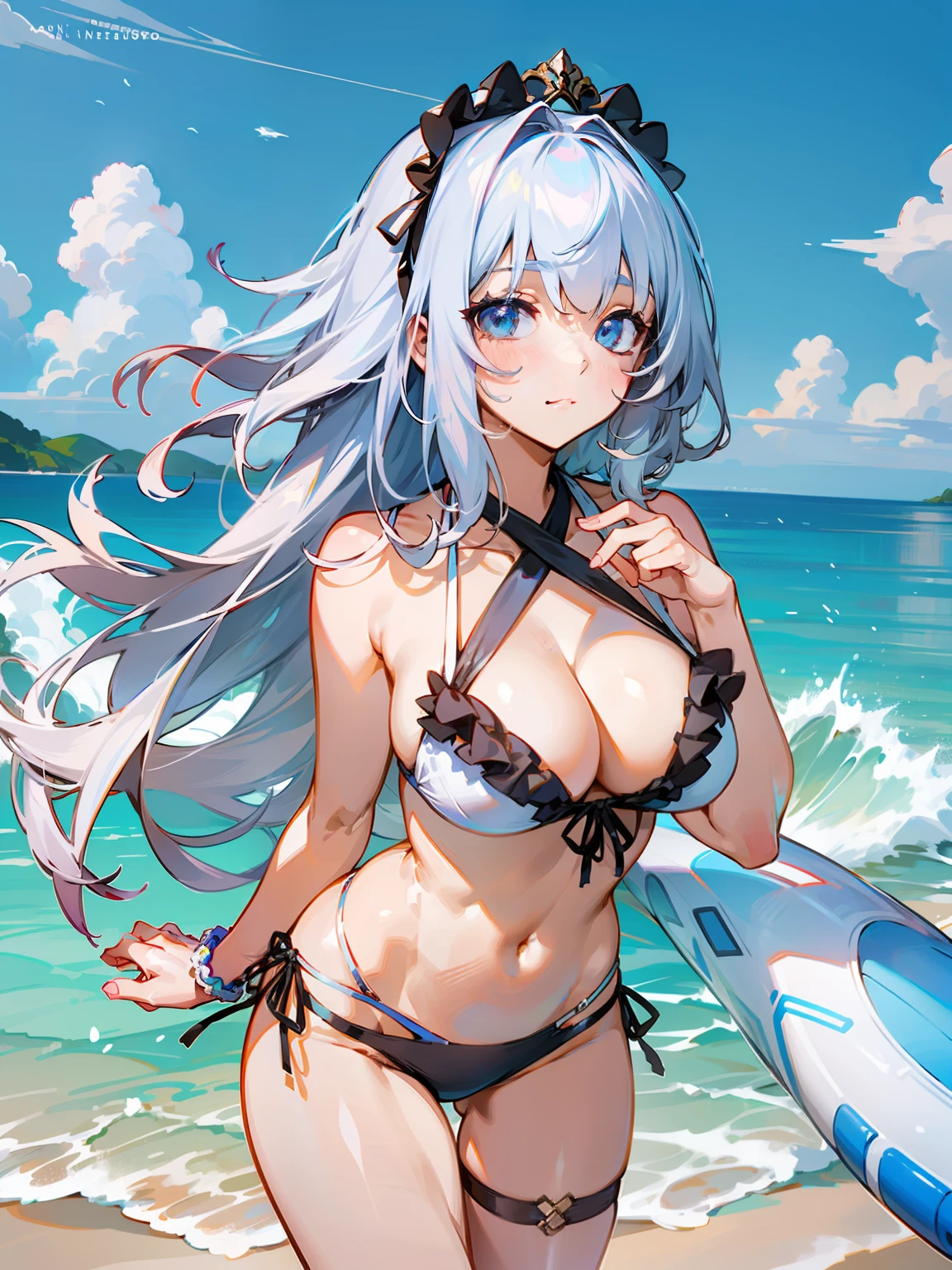 (tmasterpiece),(best qualtiy),(ultra - detailed),(Ultra photo realsisim),(best character detail:1.36),physically-based renderingt,
cyanhair,Bangs cover the left eye,Dull hair,Tie up your hair,dual horsetail,Shy teenage girl,Lori huge breasts cleavage,white swimwear,cuteexpression,Place your hands on your chest