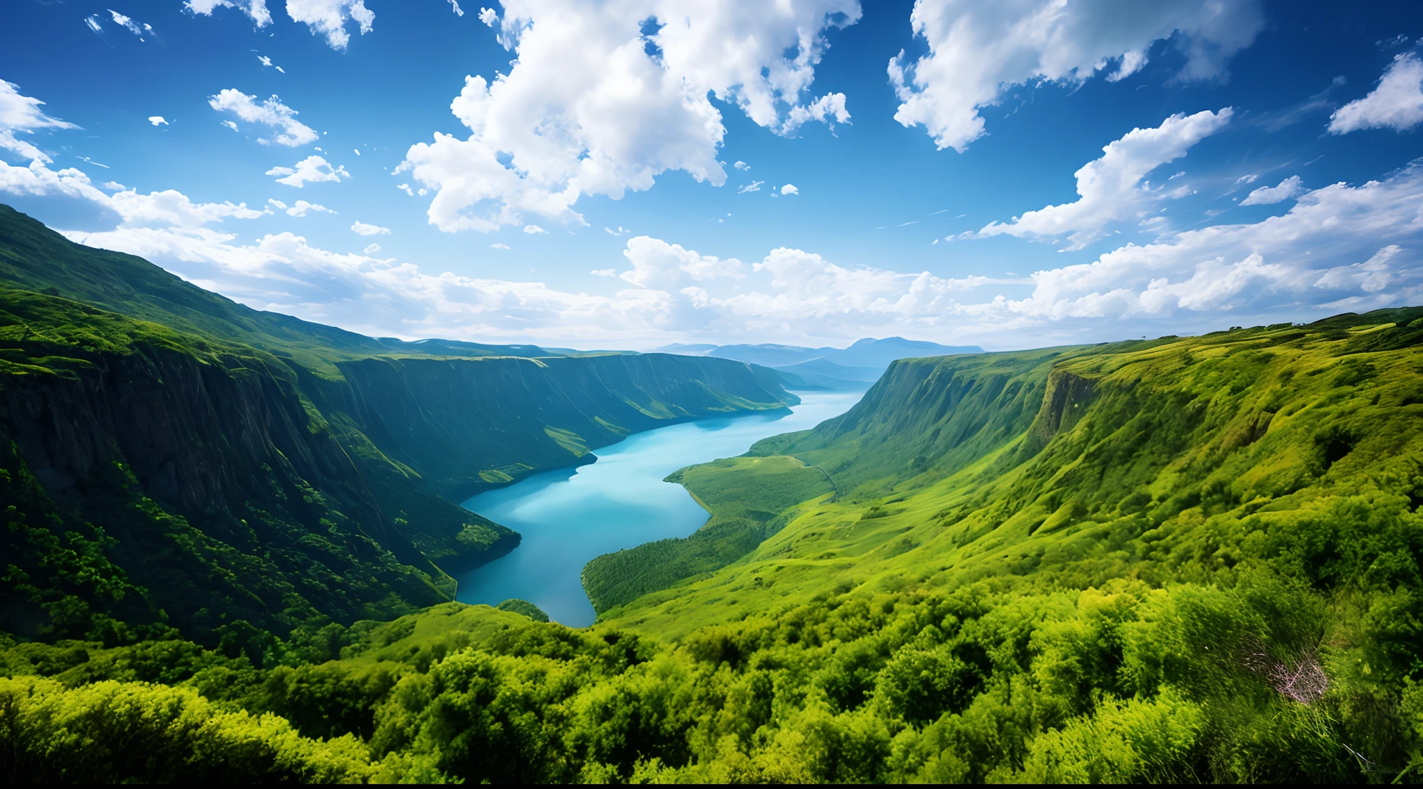 Masterpiece, ultimate quality, Cg unity 8k wallpaper, super delicate, beautiful sky and clouds, rich natural scenery, cliffs, lakes and rivers, waterfalls and flying water, beautiful green mountains, no trace of people, excellent scenery, has already won a photo contest, background Blurring, full depth of field, HDR high dynamics, true restoration, intricate, extreme details, dramatic presentation, perfectly presenting the style of midjourney art.
