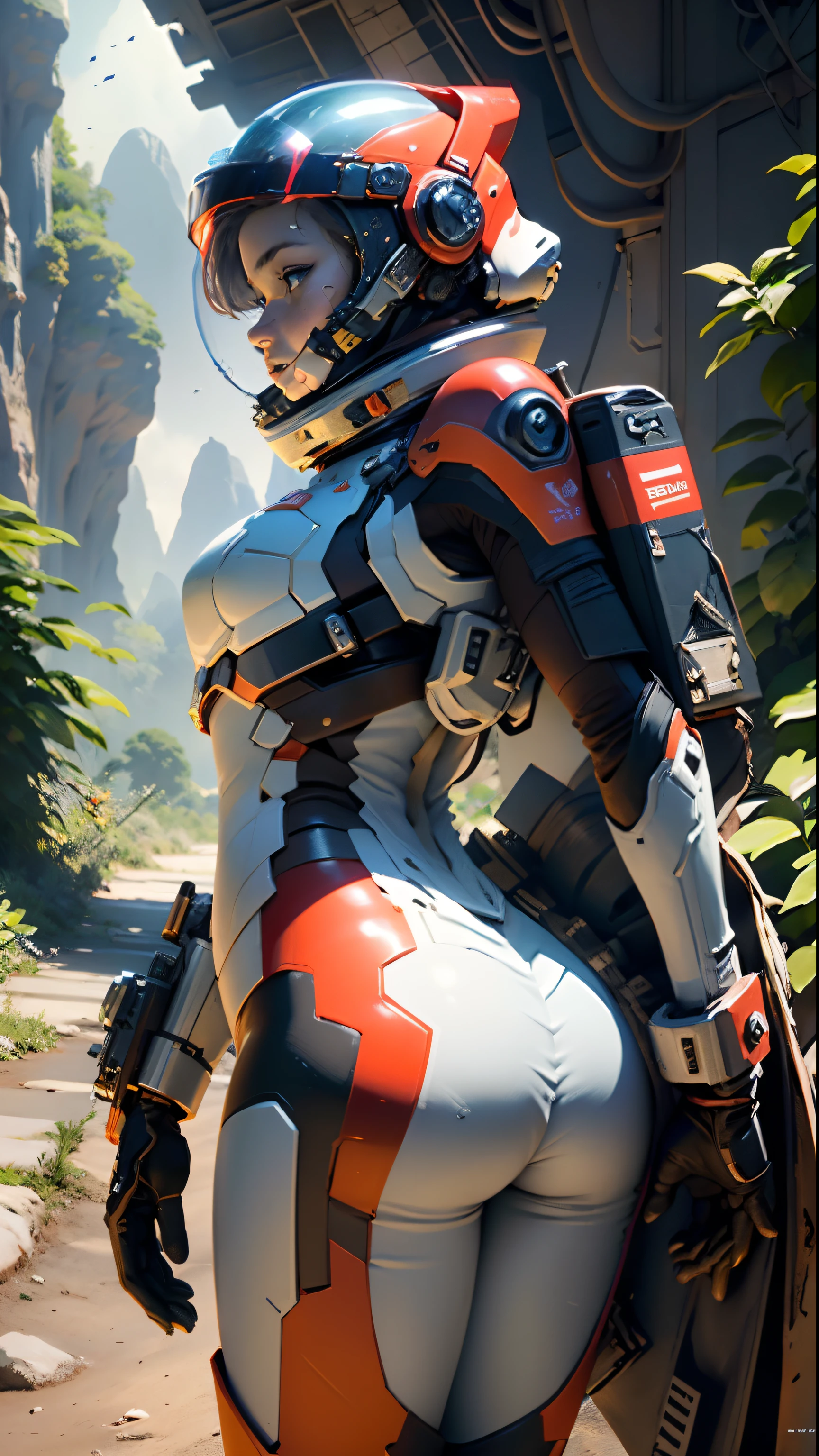 Highly detailed RAW color Photo, Rear Angle, Full Body, of (female space soldier, wearing vivid dark red and white space suit, helmet, tined face shield, rebreather, accentuated booty), outdoors, (looking up at advanced alien structure), toned body, (sci-fi), (mountains:1.1), (lush green vegetation), (two moons in sky:0.8), (highly detailed, hyperdetailed, intricate), (lens flare:0.7), (bloom:0.7), particle effects, raytracing, cinematic lighting, shallow depth of field, photographed on a Sony a9 II, 50mm wide angle lens, sharp focus, cinematic film still from Gravity 2013