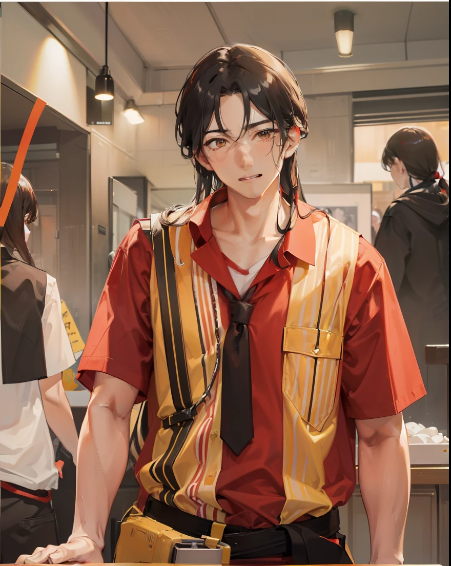 of a guy,Wet slightly curly semi-long hair,The expression is cold,Wears a red and yellow striped shirt,Brown pants,A black belt is tied around the waist,Top-down view,Behind him crouched a group of people,Positive perspective,full bodyesbian,8K-niji 5