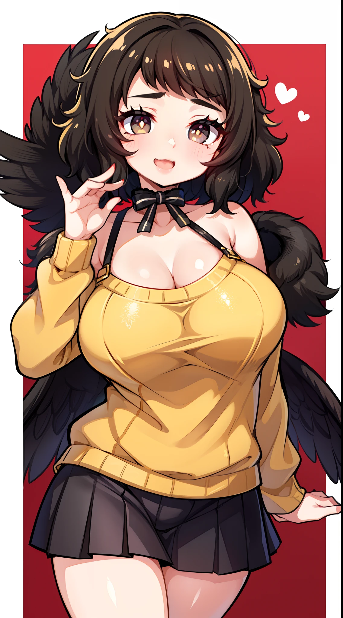 kawakami sadayo,A white border around a red rectangular background，yellow sweater，short  skirt，sitted，big assa，D cup，High detail,ahegao face,Moles under eyes, Heart-shaped pupils，Love pupils，cropped shoulders，Lots of hearts，Fleshy thighs,highly rendered，detailed face with