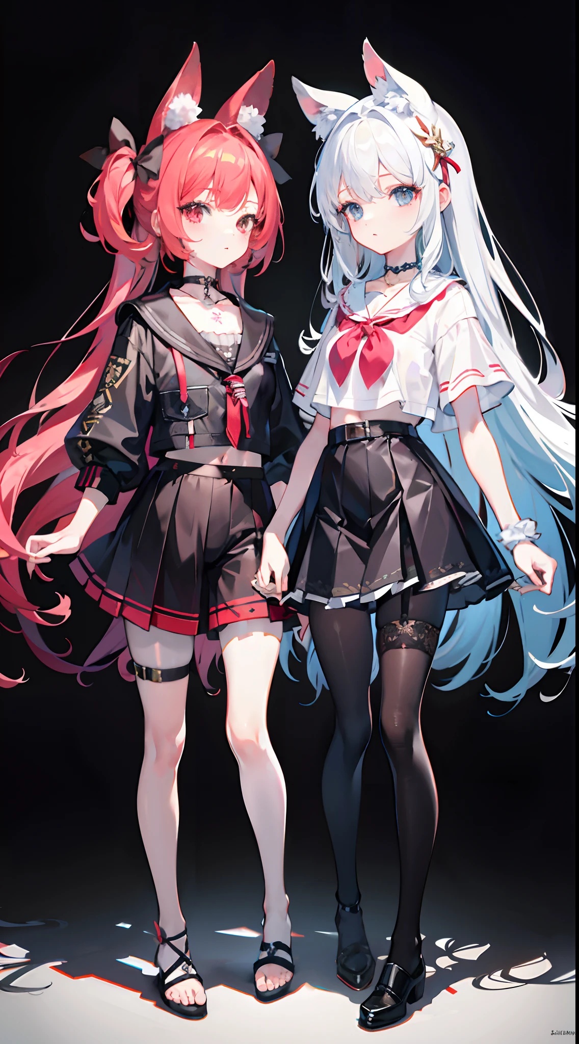 ,twins, Masterpiece,Best quality,offcial art,Extremely detailed Cg Unity 8K wallpaper, 2girls, cute female , Yuri, hair adornments, Short shorts, Crop top, Pantyhose, ribbon_choker necklace, leg belt,