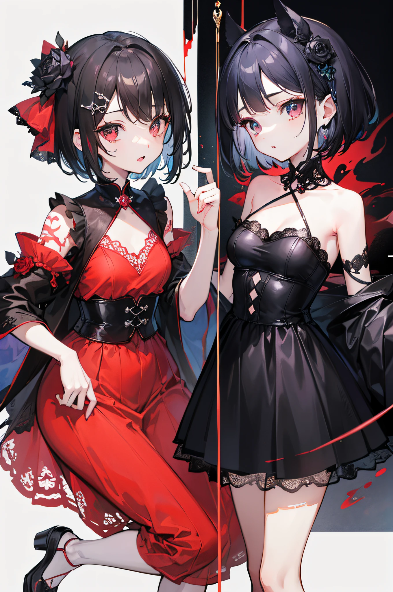 Background white、white backgrounid、(top-quality、in 8K、​masterpiece:1.3)、 Highly detailed facial and skin texture、full body Esbian、｛Very delicate red fishing eyes｝、二重まぶた、de pele branca、(with round face:1.5)、A dark-haired、Beautie、｛A dark-haired、short cut hair}、｛short cut hair}、gothic atmosphere、｛Black rose hair accessories on left and right of head｝、Red Fishing Eye