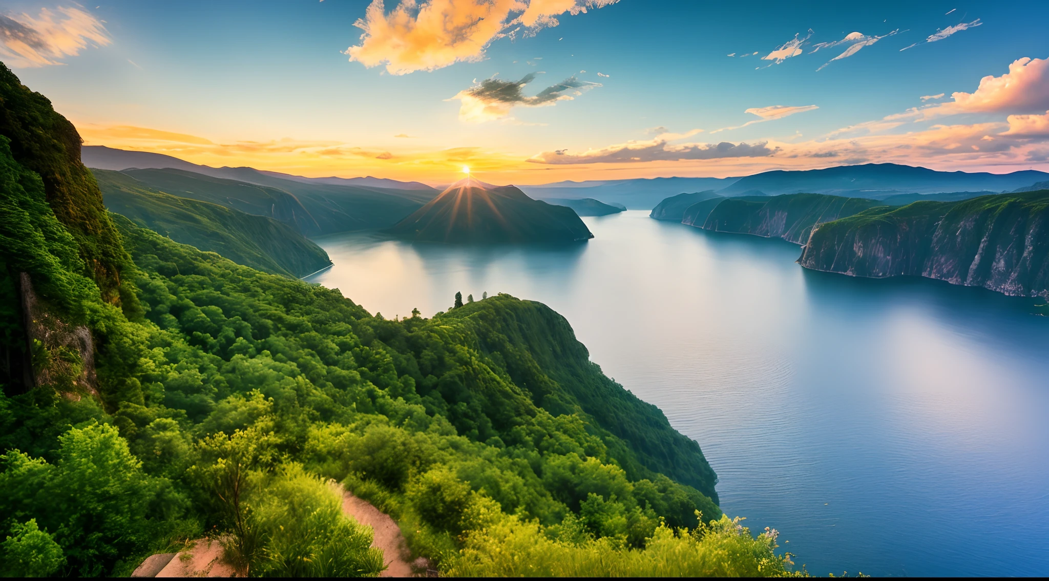 Masterpiece, ultimate quality, Cg unity 8k wallpaper, super delicate, beautiful sky and clouds, rich natural scenery, cliffs, lakes and rivers, waterfalls and flying water, beautiful green mountains, no trace of people, excellent scenery, has already won a photo contest, background Blurring, full depth of field, HDR high dynamics, true restoration, intricate, extreme details, dramatic presentation, perfectly presenting the style of midjourney art.