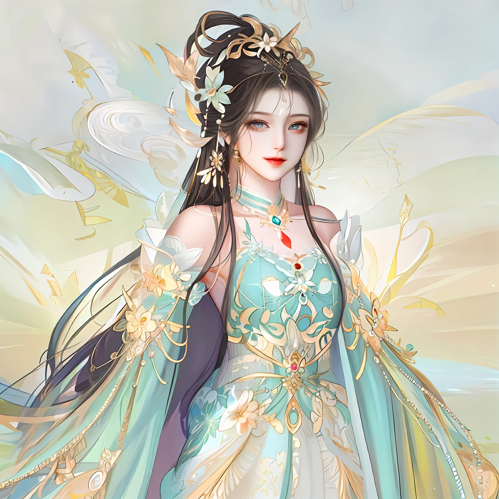 ((Extremely detailed CG)), ((8K_the wallpaper)), (Masterpiece),Best quality, high-resolution illustrations, ultra - detailed, A high resolution,((Overexposure)), Bare shoulders,(Upper body),Head tilt, Cesa,Seductive smile, 1girll,Long hair,Beautiful face,Highly detailed and beautiful eyes,(An extremely delicate and beautiful),(Beautiful and detailed facial depiction),Mature women,Earrings,necklace,