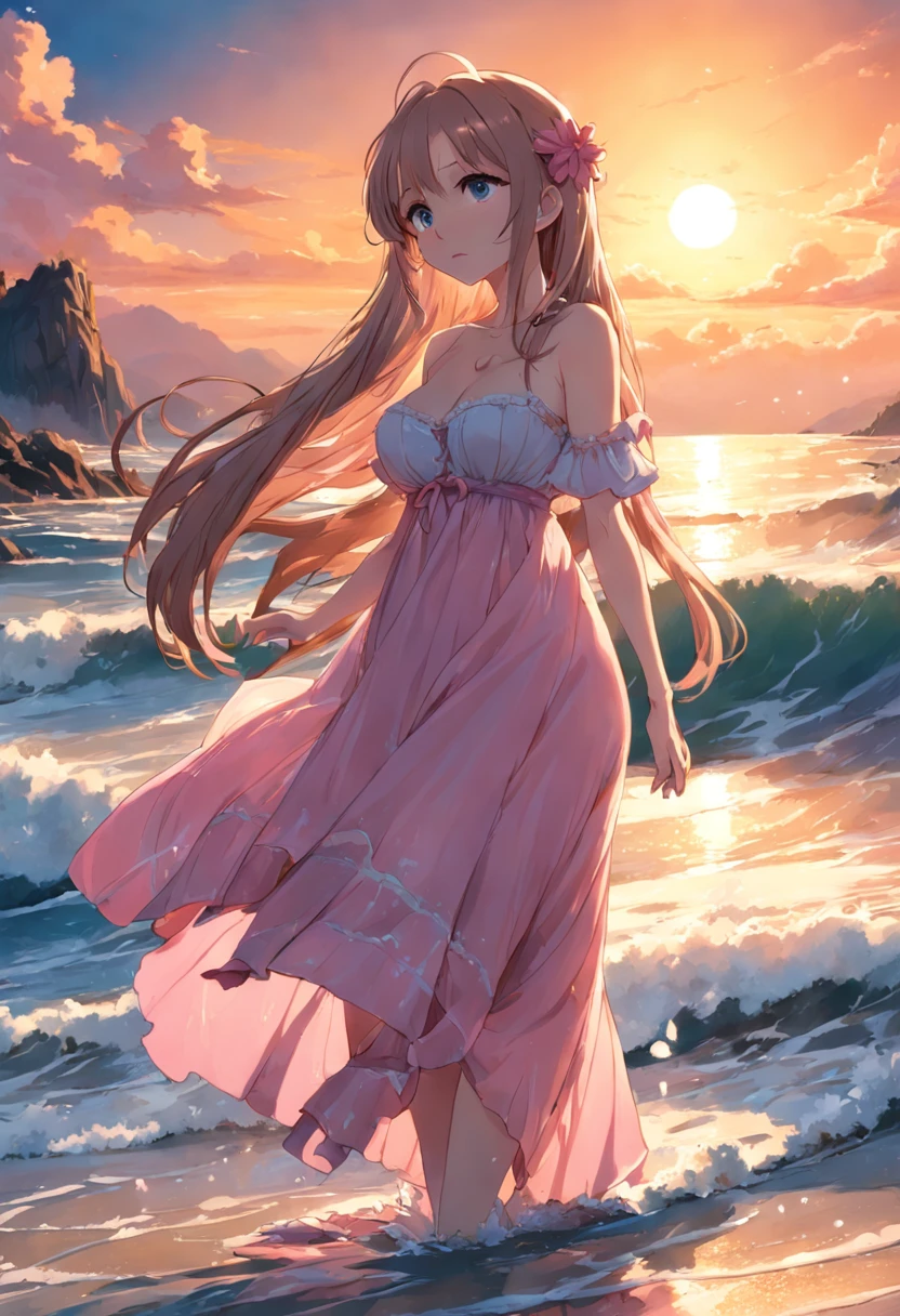 Masterpiece, 1girl, solo, flower_pasties, (), sun dress, seaside, outside, long hair, water, cowboy shooting, standing, from the side, big breast, pink