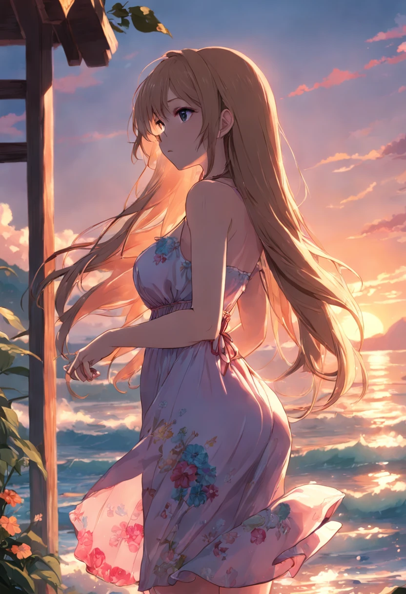 Masterpiece, 1girl, solo, flower_pasties, (), sun dress, seaside, outside, long hair, water, cowboy shooting, standing, from the side, big breast, pink