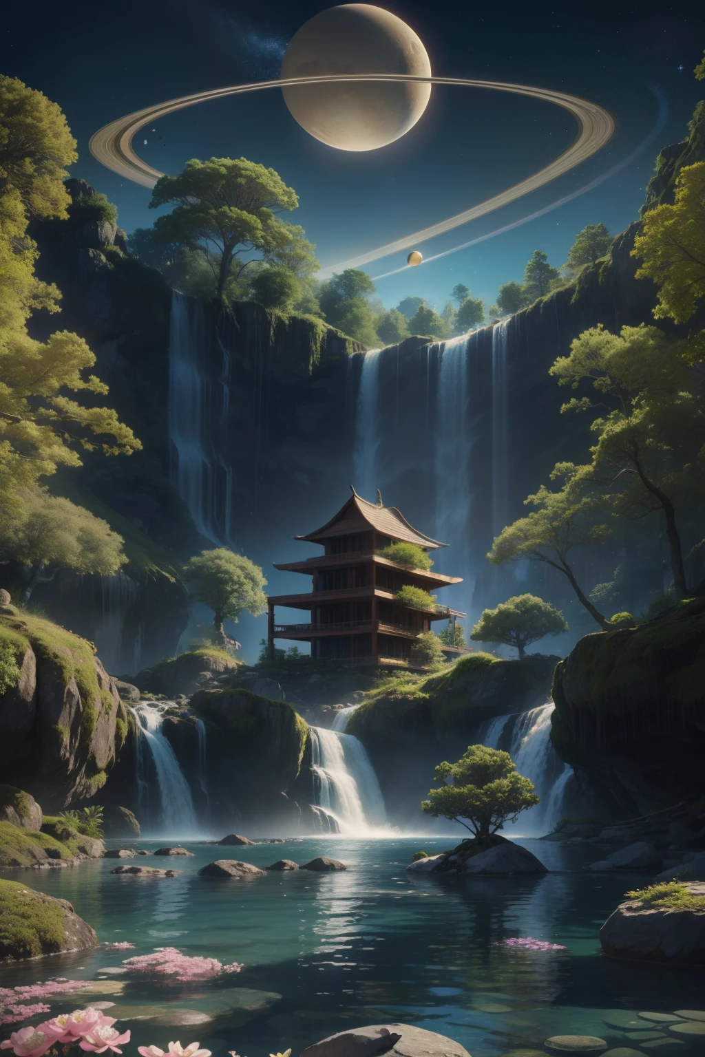 jungel, floating rocks, building , flowers, big trees, water fall, saturn over the view, big ,realistic