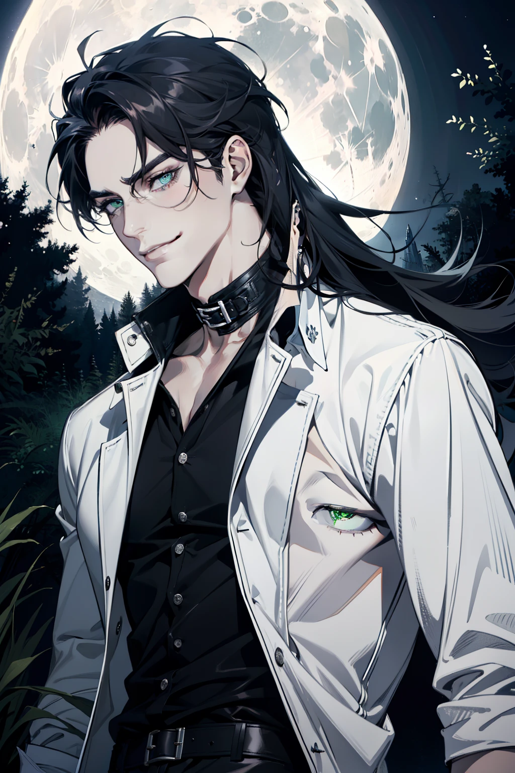(absurdres, highres, ultra detailed), 1man, 30 years old man, adult man, handsome, tall,, finely detailed eyes and detailed face, black leather pants, white shirt, night, smile, dutch angle, ((long hair, black and white hair,), moon, forest, bad boy, gothic, dark, looking at the view, pale skin, green detailed eyes, eyeliner, (masculine), sexy, smirk, seductive, slightly muscular, very attractive, flirtatious, mature, ((adult mature face)), medium large shoot, (MLS), conceited, egocentric, emerald eye.