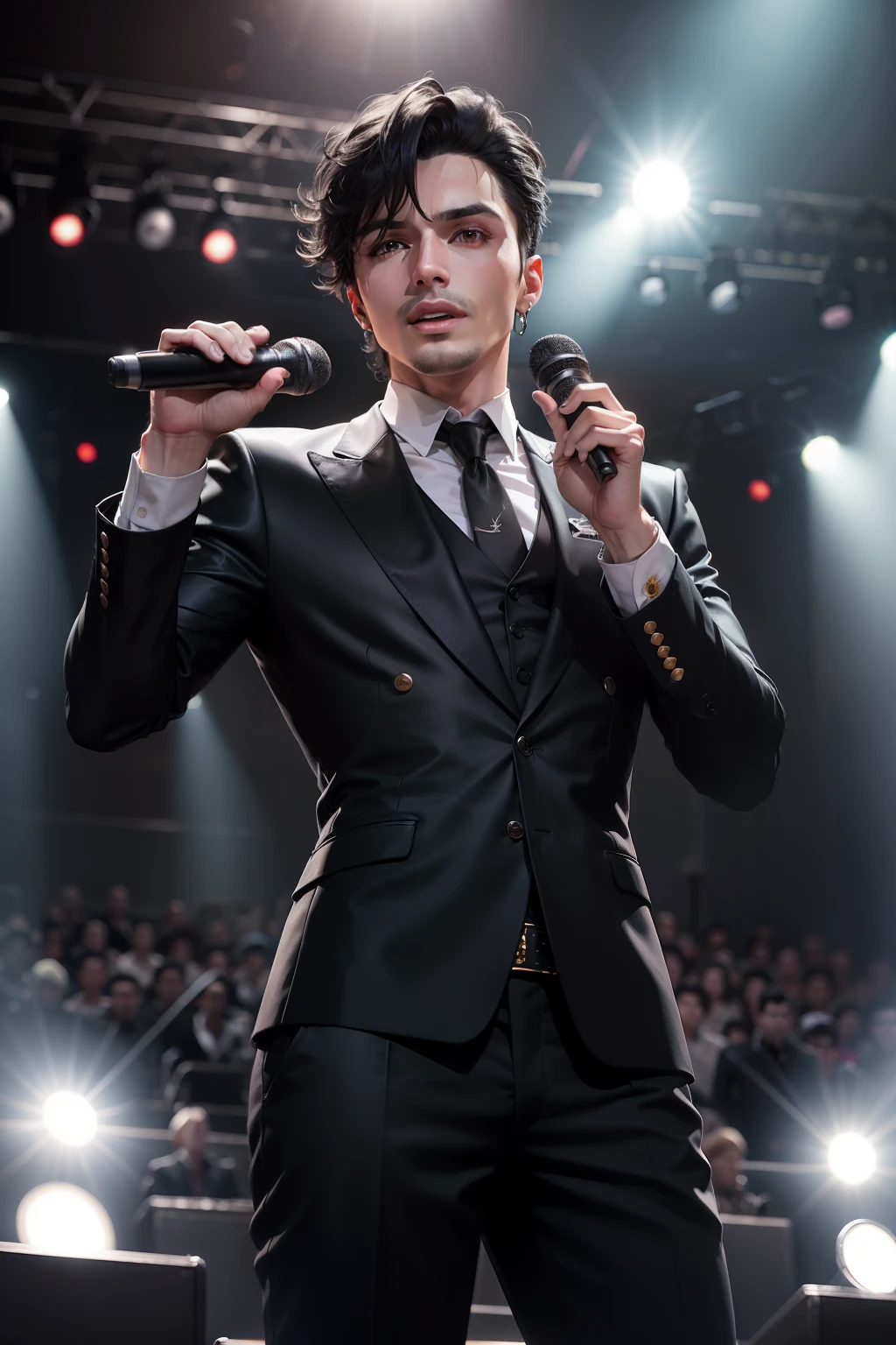 tmasterpiece,delicated,Male singer,holding microphone,Black hair,standing on your feet,looking at viewert,Concert,gym,full bodyesbian