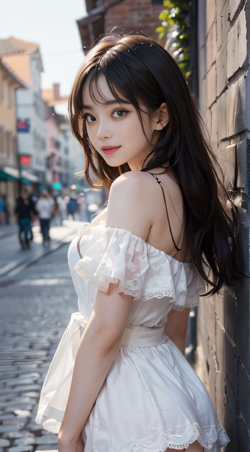 (Best-quality, Masterpiece, Ultra-High-Resolution, (Photorealistic:1.4), Raw Photo, depth of field, professional lighting, perfect anatomy, extremely details), 1girl, 15-years-old, the most famous Japanese idol, ((extremely cute face like the most popular Japanese idol, ((extremely cute and extremely big black-eyes)), extremely beautiful black-hair), (((extremely realistic and extremely beautiful skins))), extremely cute long-eyelashes, extremely cute lips), extremely childish body, ((innocent smile, dynamic pose)), (wearing white long summer-dress with cute-design), (((walking down at extremely-dark night street, detailed white-long-summer-dress-with-cute-design, (detailed extremely-dark-night-street))))
