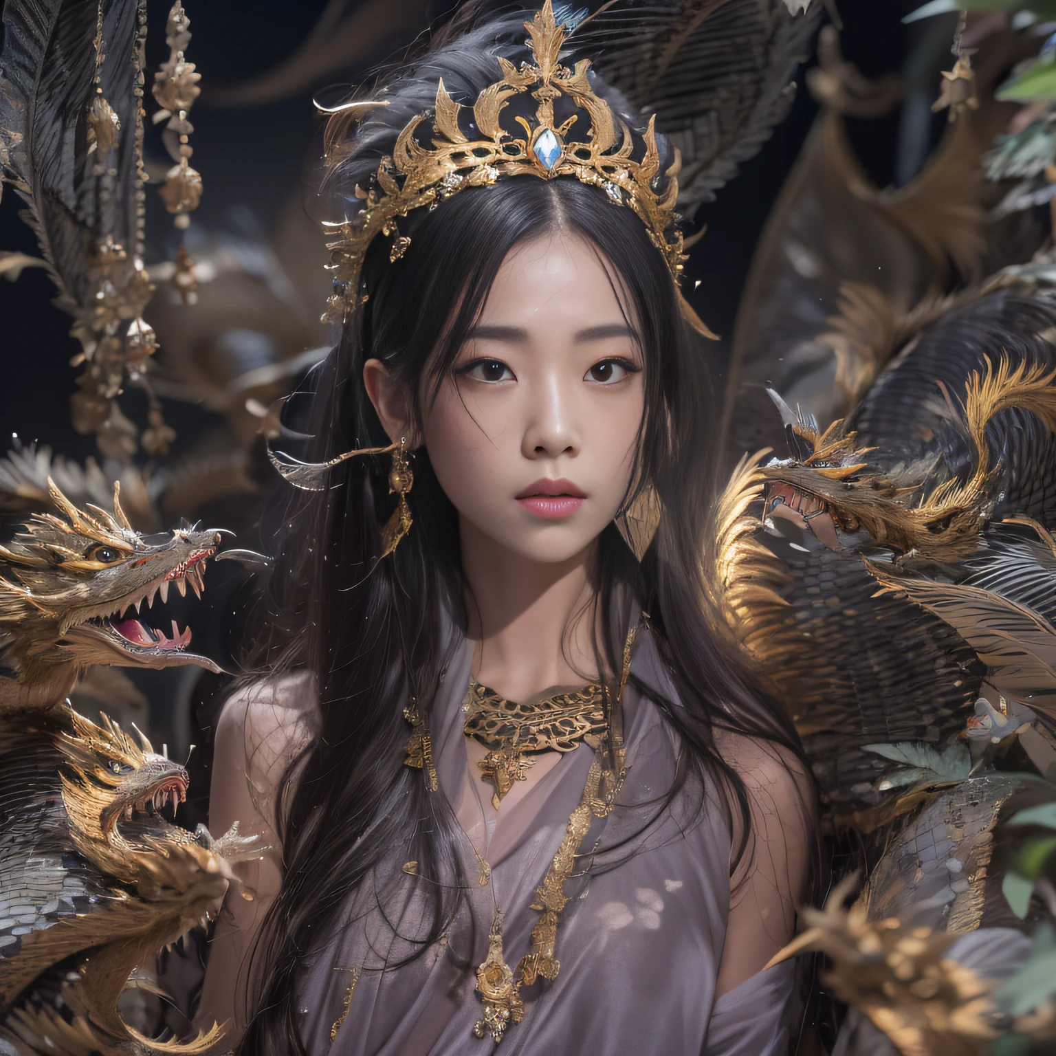 16k(tmasterpiece,k hd,hyper HD,16k)Black ball hair,Gold jewelry area in the back room,Smoke ring girl ,Bronze Dragon Protector (realisticlying:1.4),Python pattern robe,Purple-pink tiara,Snowflakes fluttering,The background is pure,Hold your head high,Be proud,The nostrils look at people, A high resolution, the detail, RAW photogr, Sharp Re, Nikon D850 Film Stock Photo by Jefferies Lee 4 Kodak Portra 400 Camera F1.6 shots, Rich colors, ultra-realistic vivid textures, Dramatic lighting, Unreal Engine Art Station Trend, cinestir 800,Hold your head high,Be proud,The nostrils look at people