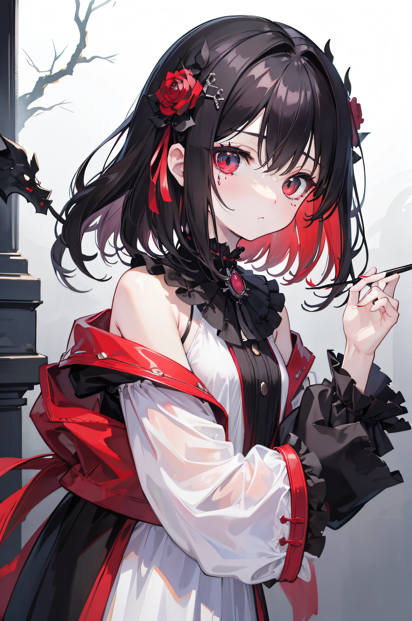 Background white、white backgrounid、(top-quality、in 8K、masterpiece:1.3)、 Highly detailed facial and skin texture、{Very delicate red fishing eyes}、二重まぶた、de pele branca、(with round face:1.5)、A dark-haired、Beautie、{A dark-haired、Medium hair}、{Medium hair}、gothic atmosphere、{Black rose hair accessories on left and right of head}、Red Fishing Eye