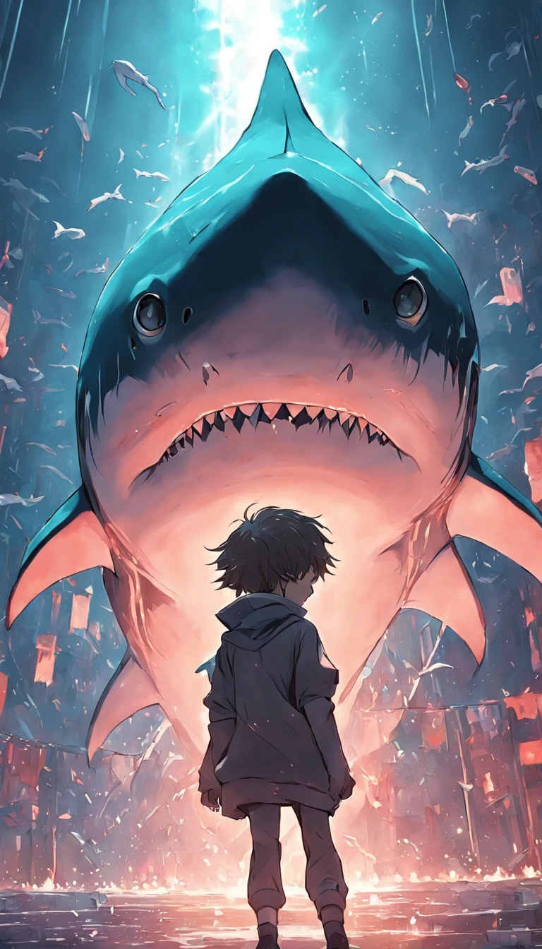 a large octopus, a orca-like kemono creature, a young surfer, black tentacles, a stormy sea, a clear sky