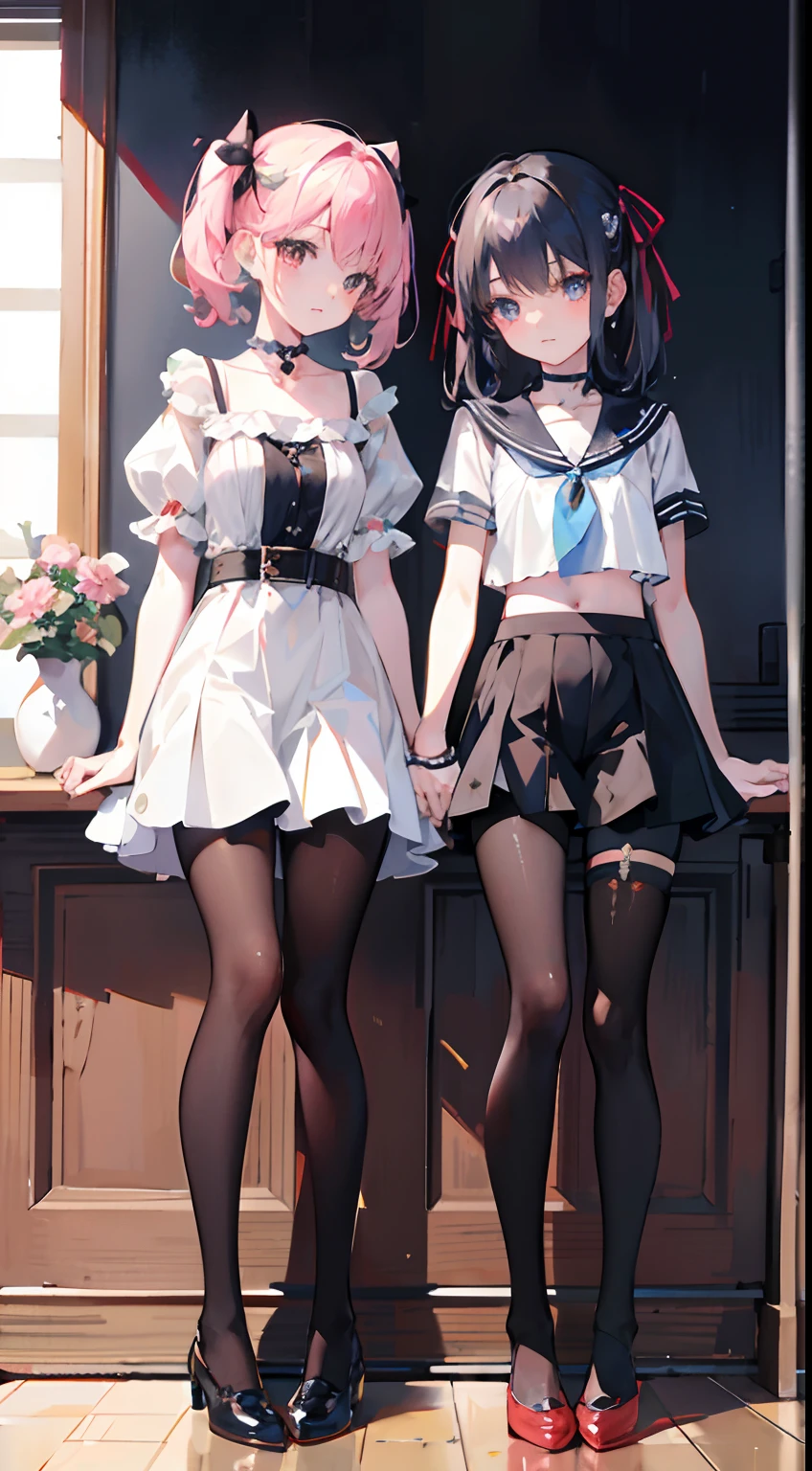 ,twins, Masterpiece,Best quality,offcial art,Extremely detailed Cg Unity 8K wallpaper, 2girls, cute female , Yuri, hair adornments, Short shorts, Crop top, Pantyhose, ribbon_choker necklace, leg belt,