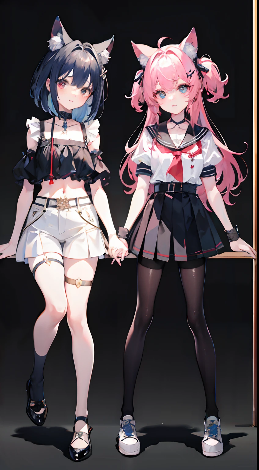 ,twins, Masterpiece,Best quality,offcial art,Extremely detailed Cg Unity 8K wallpaper, 2girls, cute female , Yuri, hair adornments, Short shorts, Crop top, Pantyhose, ribbon_choker necklace, leg belt,
