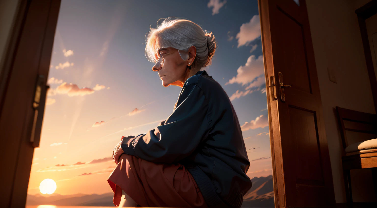 /imagine prompt: An elderly grandmother sitting on a small stool in front of the door, the setting sun casting a gentle glow on her face, radiating tranquility and kindness. The distant mountains and fields bathed in the glow of the sunset, glowing with a golden hue, by doodle --niji 5