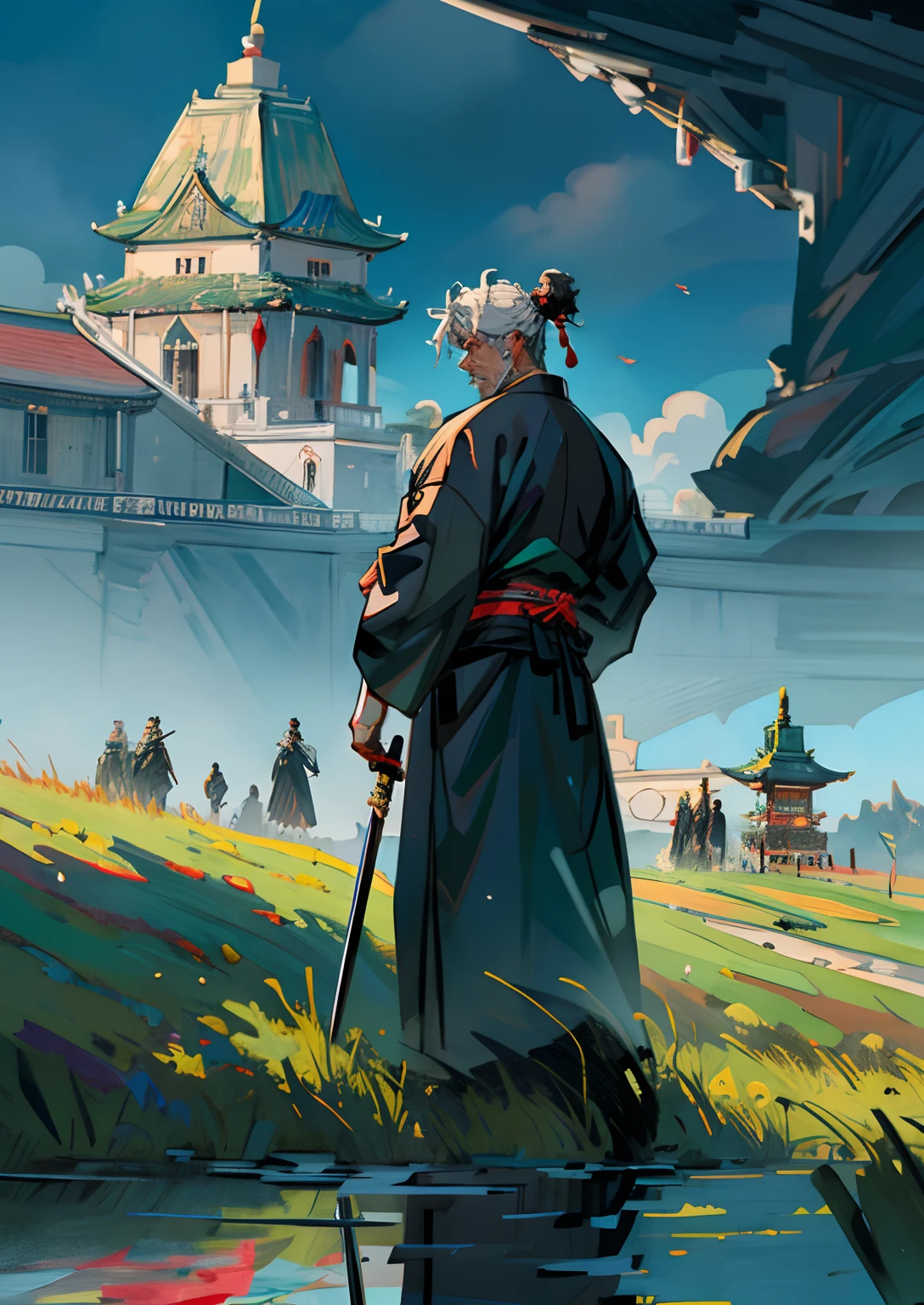 dark stormy clouds,In front of the royal palace,Wearing a jade pendant,clad in robes,Ancient Chinese man holding a bronze sword,Back,Surrounded by many samurai with spears