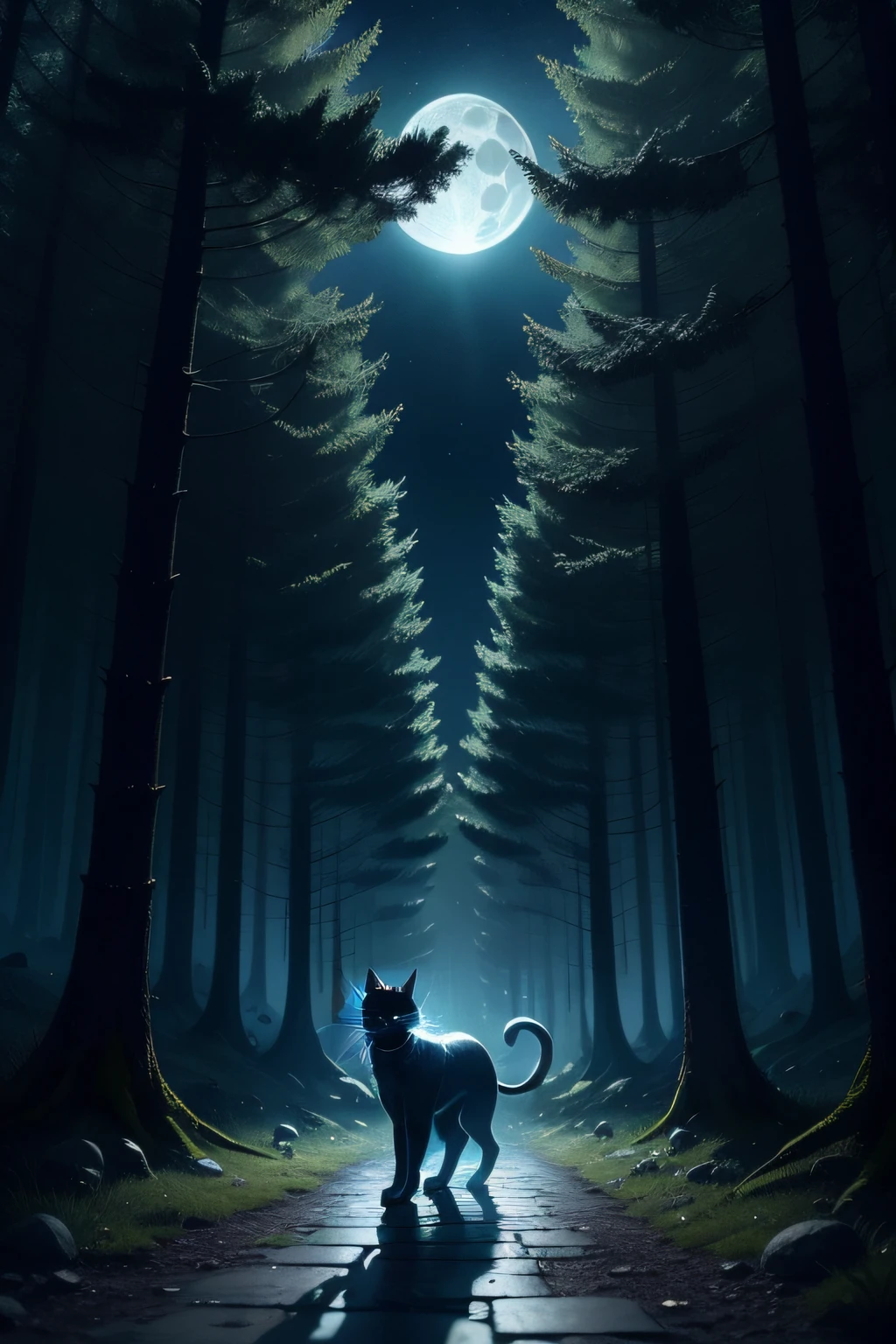 Help me make a magic light design，A cat walks in a forest at night，The moonlight sets off the silence and seclusion，plethora of colors，There is a certain magical feeling。Cats need a positive perspective，And the proportion in the picture is relatively high