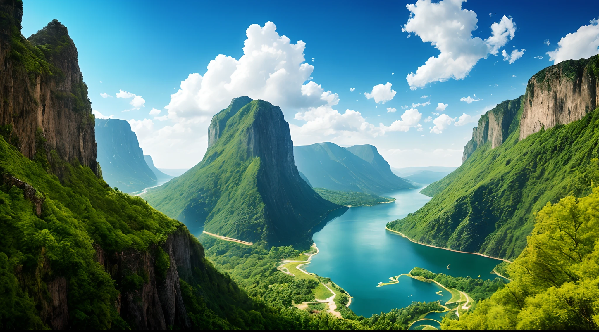 Masterpiece, ultimate quality, Cg unity 8k wallpaper, super delicate, beautiful sky and clouds, rich natural scenery, cliffs, lakes and rivers, waterfalls and flying water, beautiful green mountains, no trace of people, excellent scenery, has already won a photo contest, background Blurring, full depth of field, HDR high dynamics, true restoration, intricate, extreme details, dramatic presentation, perfectly presenting the style of midjourney art.