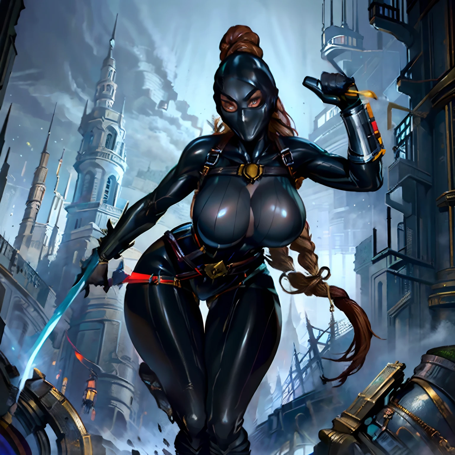 (masterpiece, top quality, best quality, official art, beautiful and aesthetic:1.2), (1girl:1.3), ((huge long brown braid)), (((black bodysuit, painted on, fully covered, black leather))), extremely detailed, portrait, looking at viewer, solo, (full body:0.6), detailed background, close up, (cold night mountain theme:1.1), Callidus Assassin, black facemask, red lenses, hidden face, charlatan, mysterious, sprinting through gothic city, black body paint, skintight bodysuit, shoulder harness, belt, long boots, dual knives, black leather, ((((gigantic breasts)))), slim waist, slim hips, long legs, gothic (cathedral city exterior:1.1) background, dark mysterious lighting, shadows, magical atmosphere, dutch angle