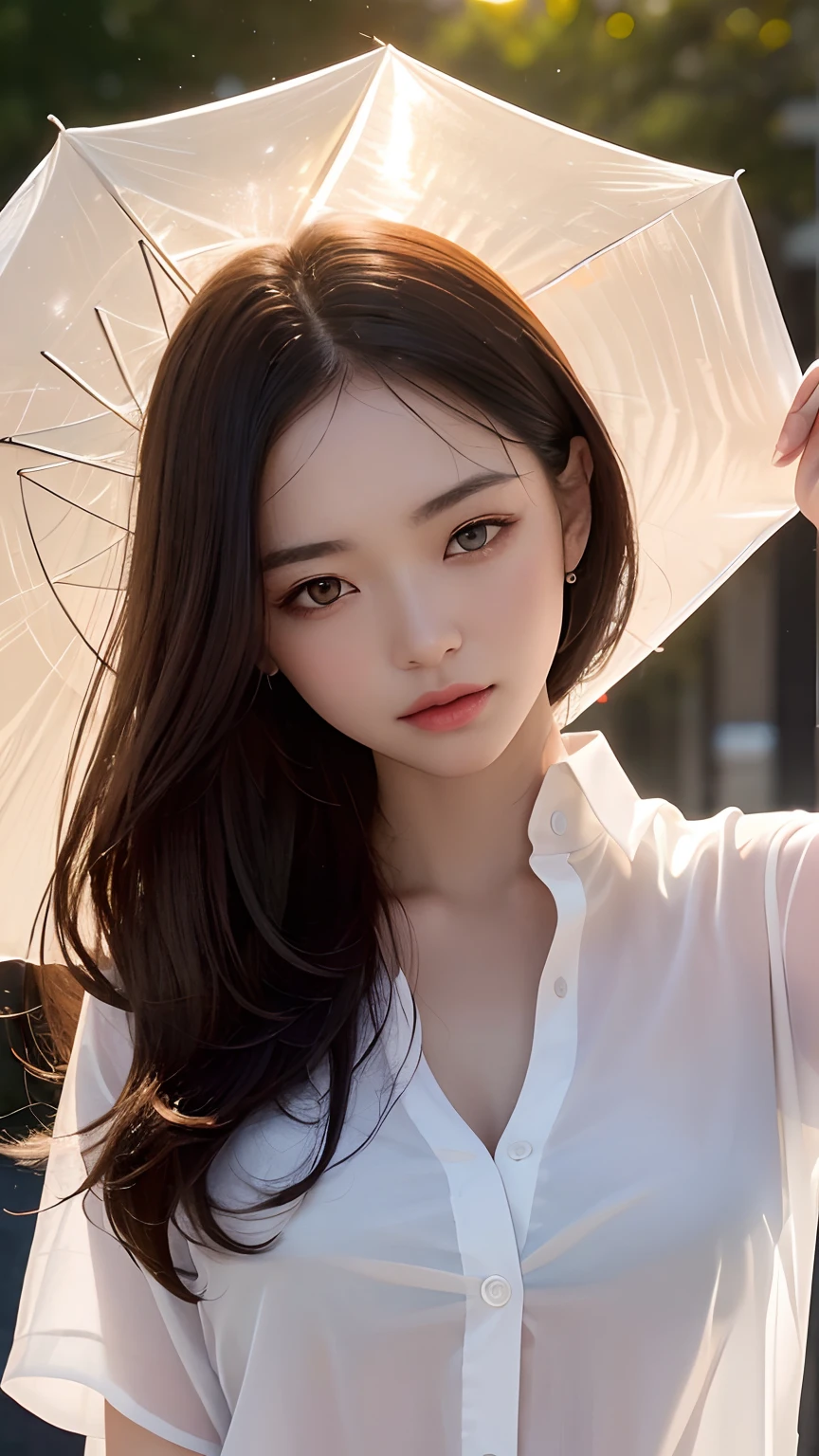 ((Top quality, 8K, Masterpiece: 1.3)), Clear focus: 1.2, Beautiful Women with Perfect Figure: 1.4, Slender abs: 1.2, ((layer cut, Big: 1.2)), (Wet white button up long shirt: 1.1), (rain, street: 1.2), Wet body: 1.5, Highly detailed face and skin texture, Detailed eyes, Double eyelids, The orange glow of the western sun, Madder sky, The dazzling Western Sun, Dusk, Night