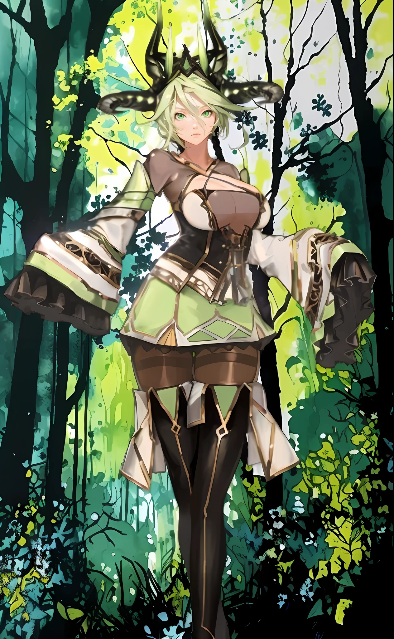 tmasterpiece,HighestQuali,Anime girl in the forest,Wearing a green dress and crown, The expression is serious,Green eyes,concept art inspired by Li Chevalier, pixiv contest winner, Fantasy art, forest hunter lady, forest soul, fey queen of the summer forest, female forest archer, goddess of the forest,