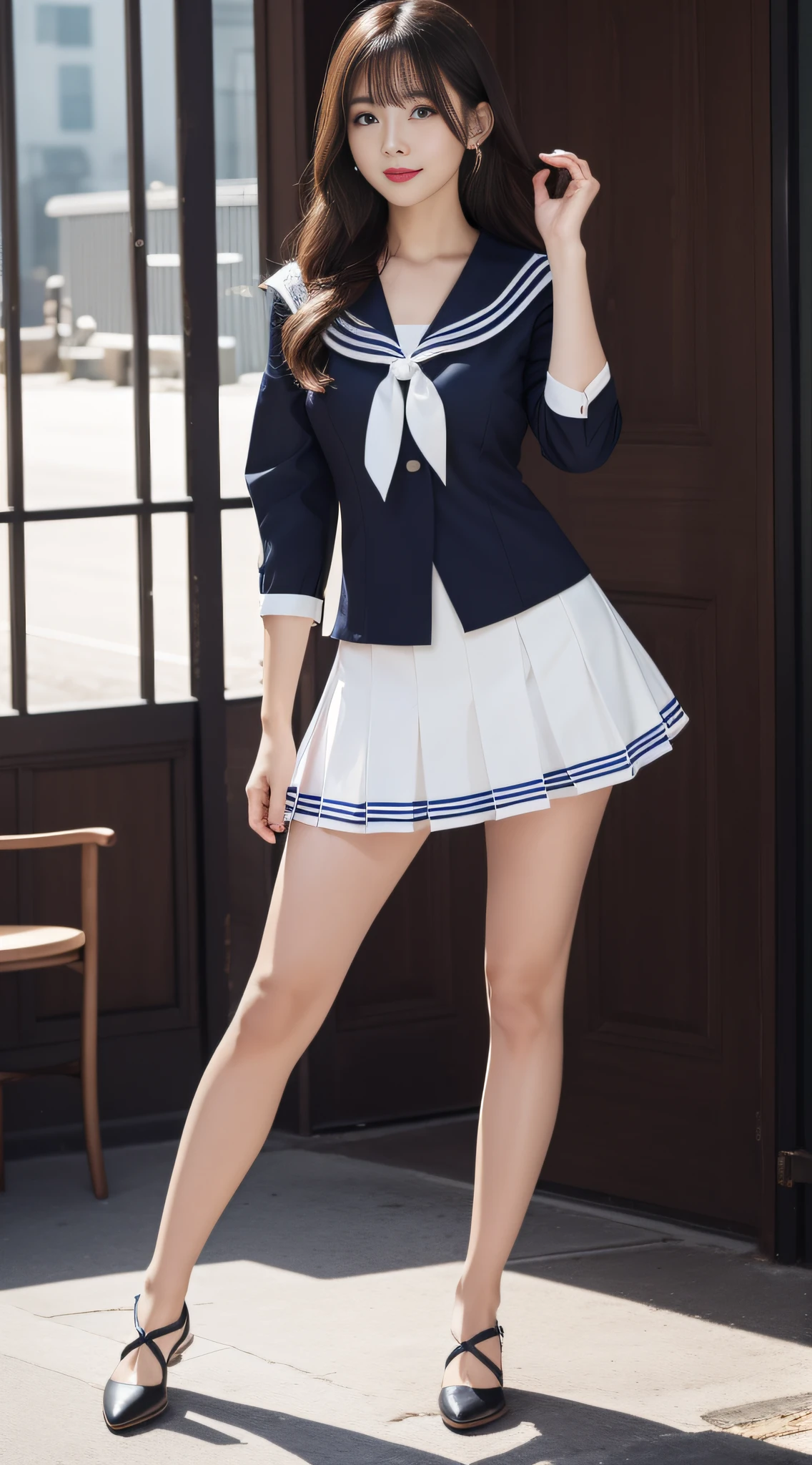 Charming beauties、a sailor suit、pleatedskirt、black pantyhose、charming oval face、二重まぶた、Clear eyes、red lipsticks、Beautiful thin legs、toned ankles、The ultra -The high-definition、The ultra-detailliert、Elegant standing figure、Create a slender lower body curve、Expressing adult femininity、top-quality、8K、ultra-detailliert、soio、9 head body