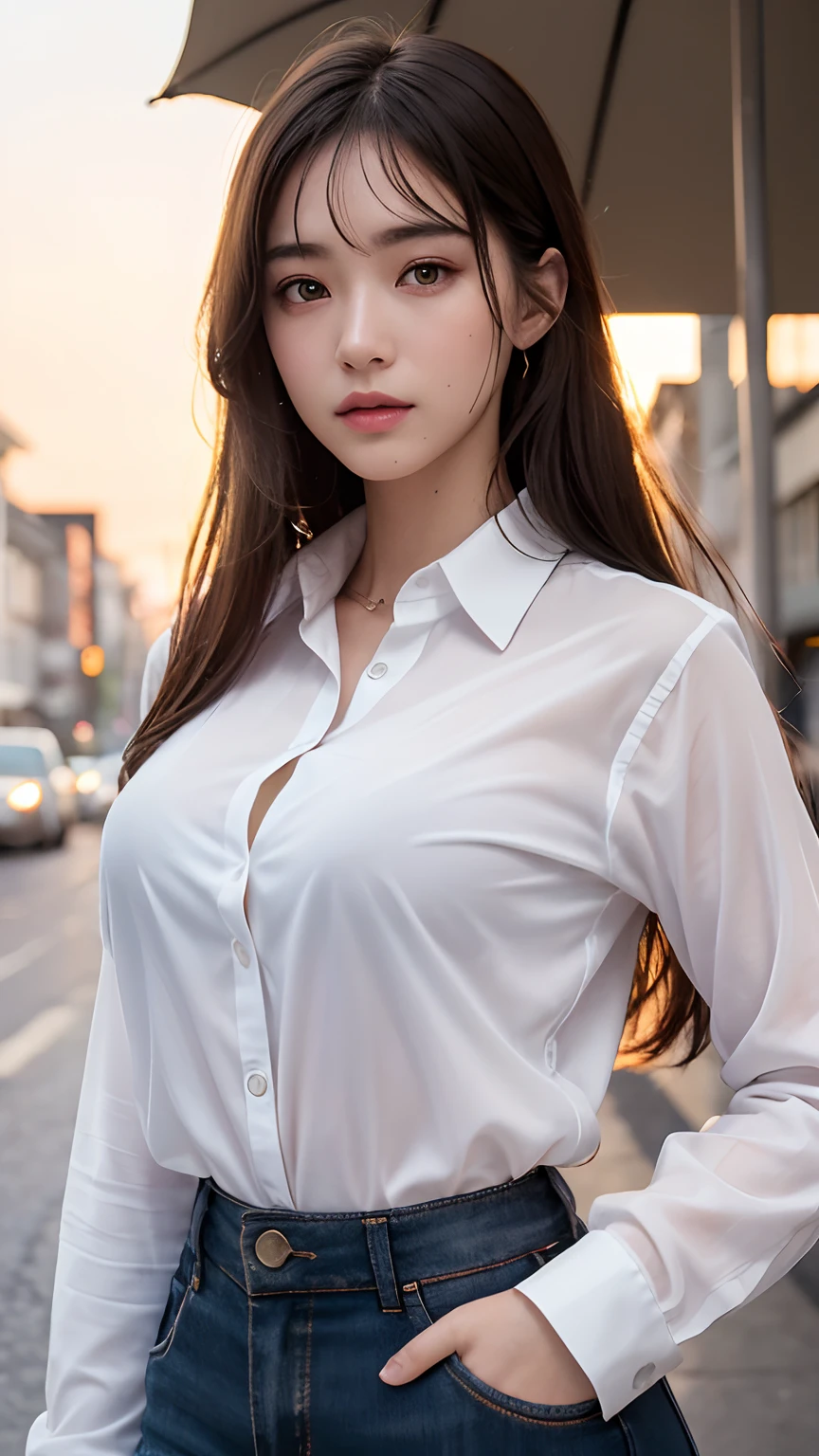 ((Best quality at best, 8K, tmasterpiece:1.3)), Sharp:1.2, Beautiful woman with perfect figure:1.4, Slim abs:1.2, ((Layered Hair Style,Colossal tits:0.8, )), (Long shirt with wet white buttons：1.1），（Sateen，the street：1.2），Soaked pubic hair：0.8，Highly Detailed Face and Skin Textur，full-body view, face to the viewer，You will let go of today’s persistence and reluctance，Leave with some regrets，