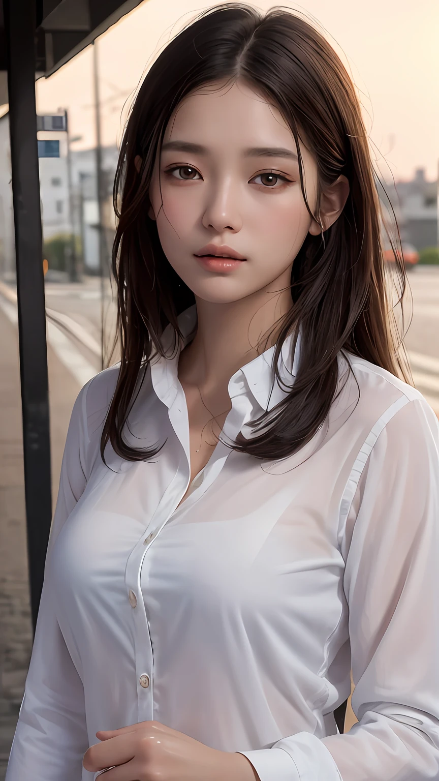 ((Best Quality, 8K, Masterpiece: 1.3)), Sharp: 1.2, Perfect Body Beauty: 1.4, Slim Abs: 1.2, ((Layered Hairstyle, Big Breasts: 1.2)), (Wet White Button Long Shirt: 1.1), (Rain, Street: 1.2), Wet: 1.5, Highly detailed face and skin texture, detailed eyes, double eyelids, side face looking at the camera