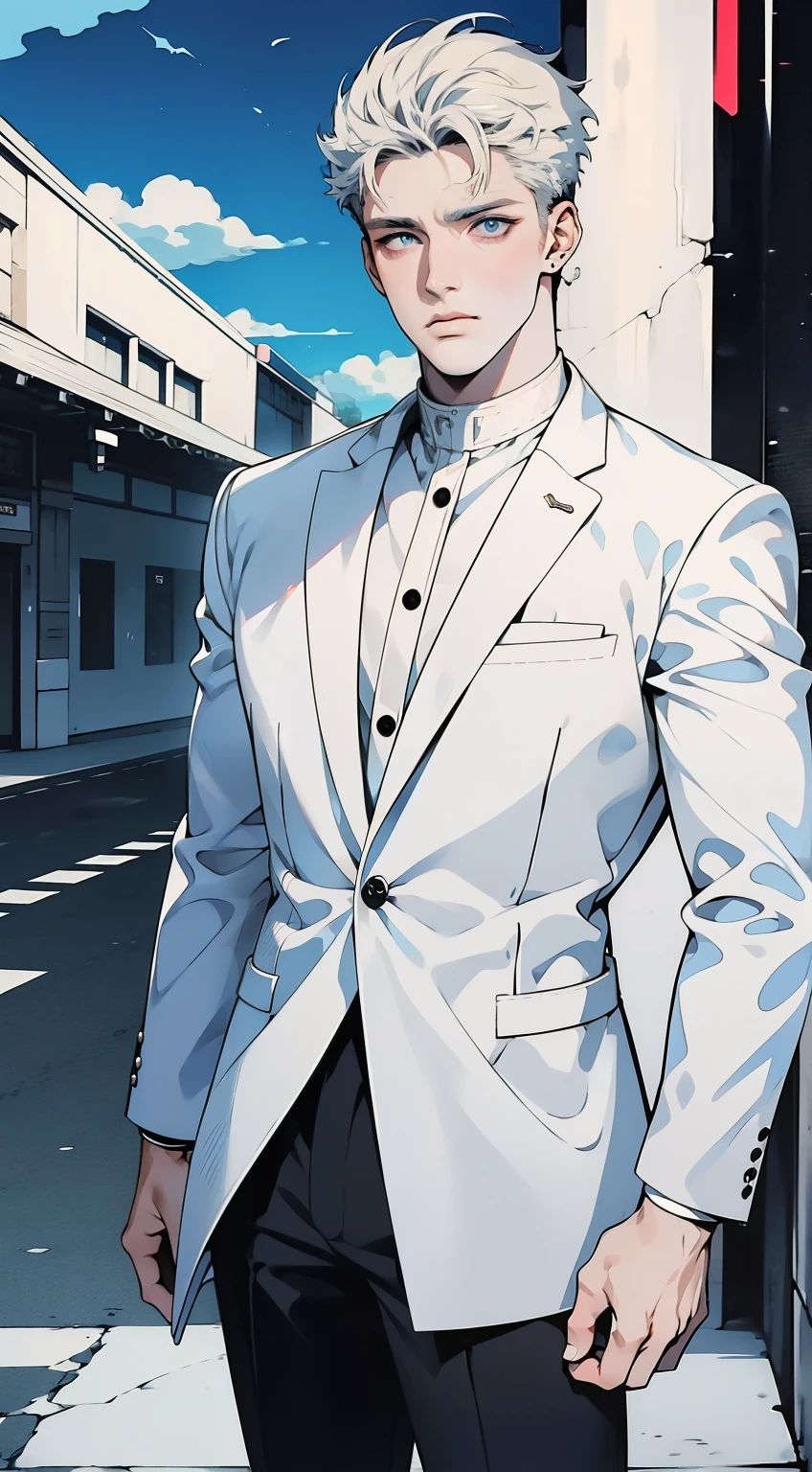 1man, anime style, blue eyes, black hair, white shirt, black suit, black shoes, black pants, hd, ultra hd, ultra detail, masterpiece, 4k, Cool, detailed face, handsome face