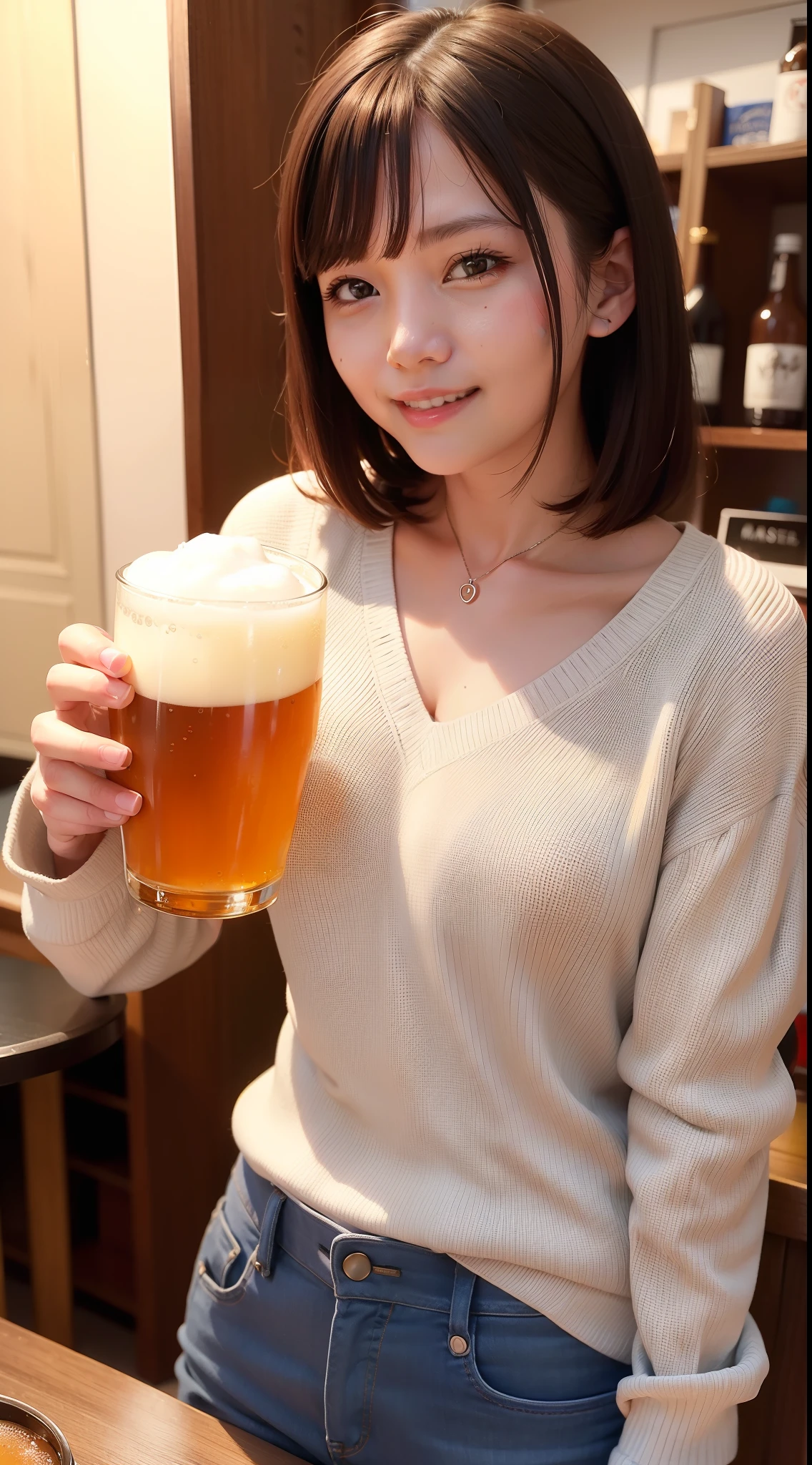Woman Drinking Beer、Beer mug in both hands、Put a beer mug to your mouth、Drinking beer、A smile、Put one hand forward、top-quality、8K、Photorealsitic、masterpiece、bob cuts