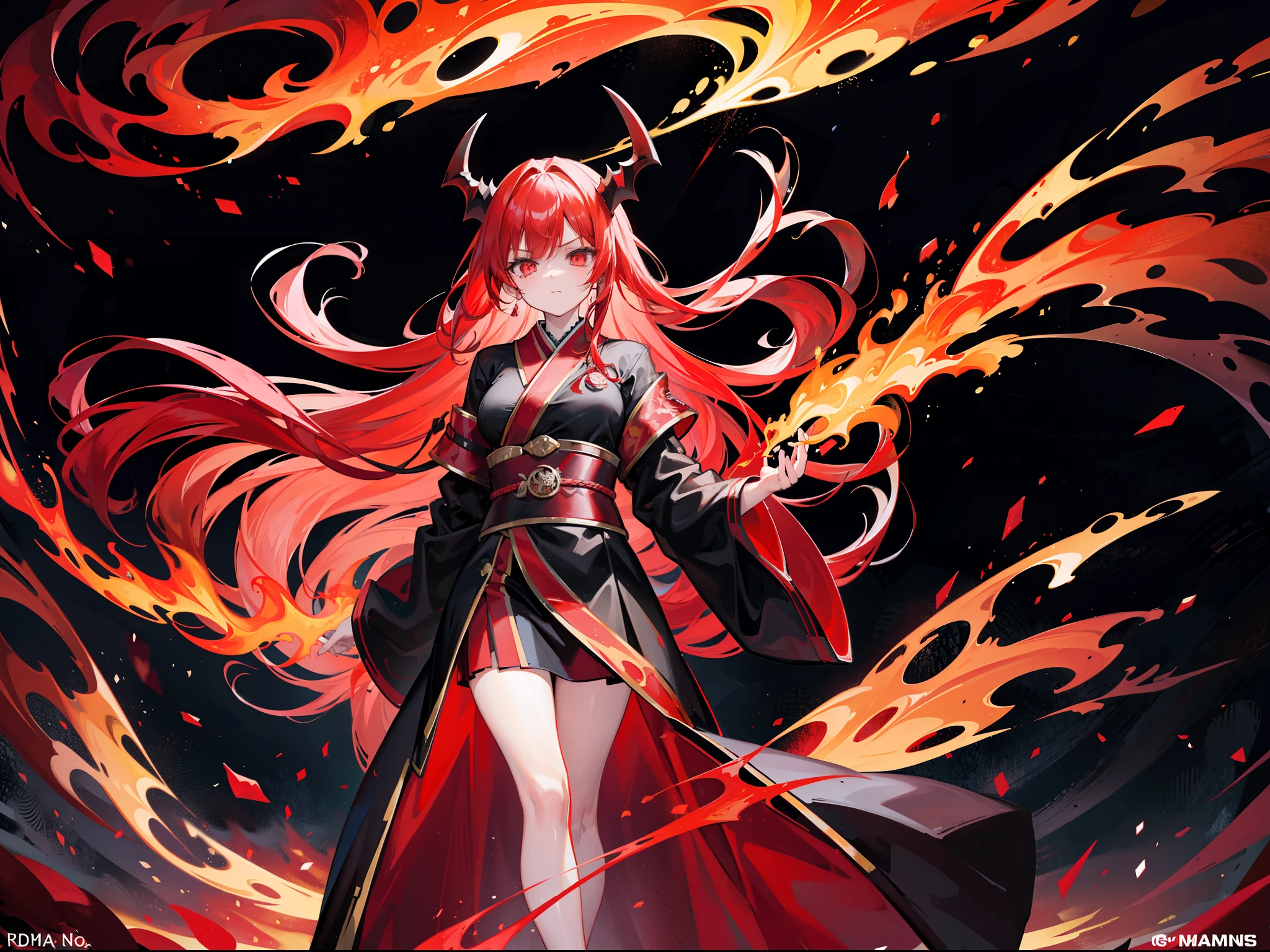 Red-haired beautiful girl，Wearing a black kimono，Red and black belt，Red and black cloak，He wears extremely large flaming black demon horns，The hem of the kimono skirt drops to the floor，Holding a huge flame in his hand，Surrounded by fire，The expression is sinister，Stand in a world burned to the end of the world，There is fire all over the background in the background，Flames erupted from the pupils，The body was burned by flames，radiating with light，Summon a Flame Dragon，bare-legged，Feet on the flames stand in the air