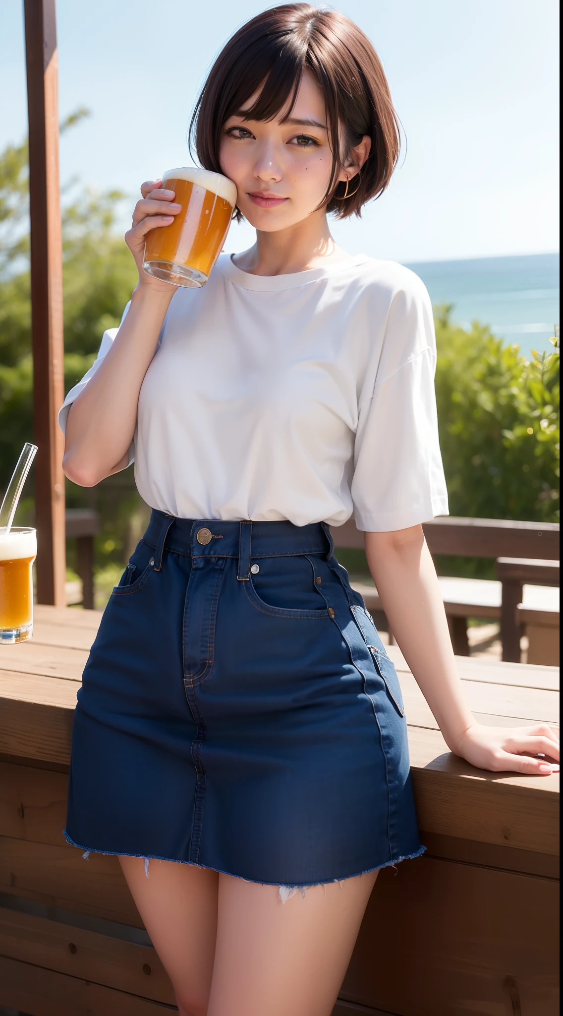 Woman Drinking Beer、Beer mug in both hands、Put a beer mug to your mouth、Drinking beer、A smile、Put one hand forward、top-quality、8K、Photorealsitic、masterpiece、bob cuts