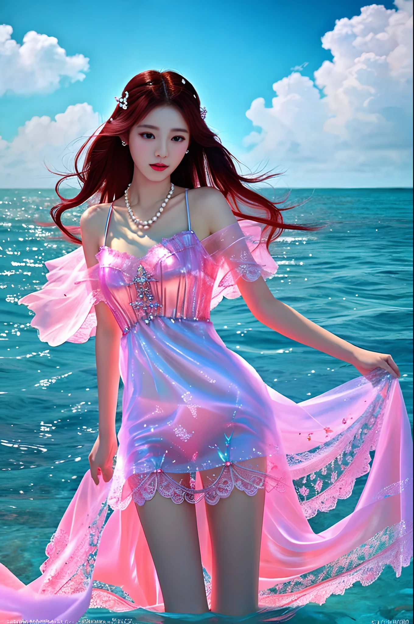 Charming girl in red transparent gauze lace in the ocean，wearing a pearl necklace,Holding a man, Guviz-style artwork, colorfull digital fantasy art, closeup fantasy with water magic, fantasy beautiful, Beautiful digital artwork, queen of the sea mu yanling, Fantasy art style, by Yang J, Beautiful beauty, beautiful gorgeous digital art，Exposing the crotch dermis is sexy, delicate and shiny, Thighs shallow ski white