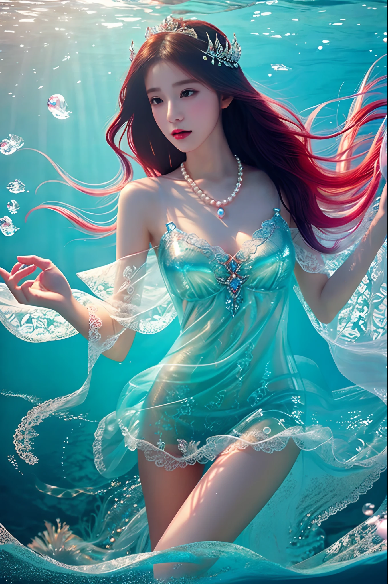 Charming girl in red transparent gauze lace in the ocean，wearing a pearl necklace,Holding a man, Guviz-style artwork, colorfull digital fantasy art, closeup fantasy with water magic, fantasy beautiful, Beautiful digital artwork, queen of the sea mu yanling, Fantasy art style, by Yang J, Beautiful beauty, beautiful gorgeous digital art，Exposing the crotch dermis is sexy, delicate and shiny, Thighs shallow ski white