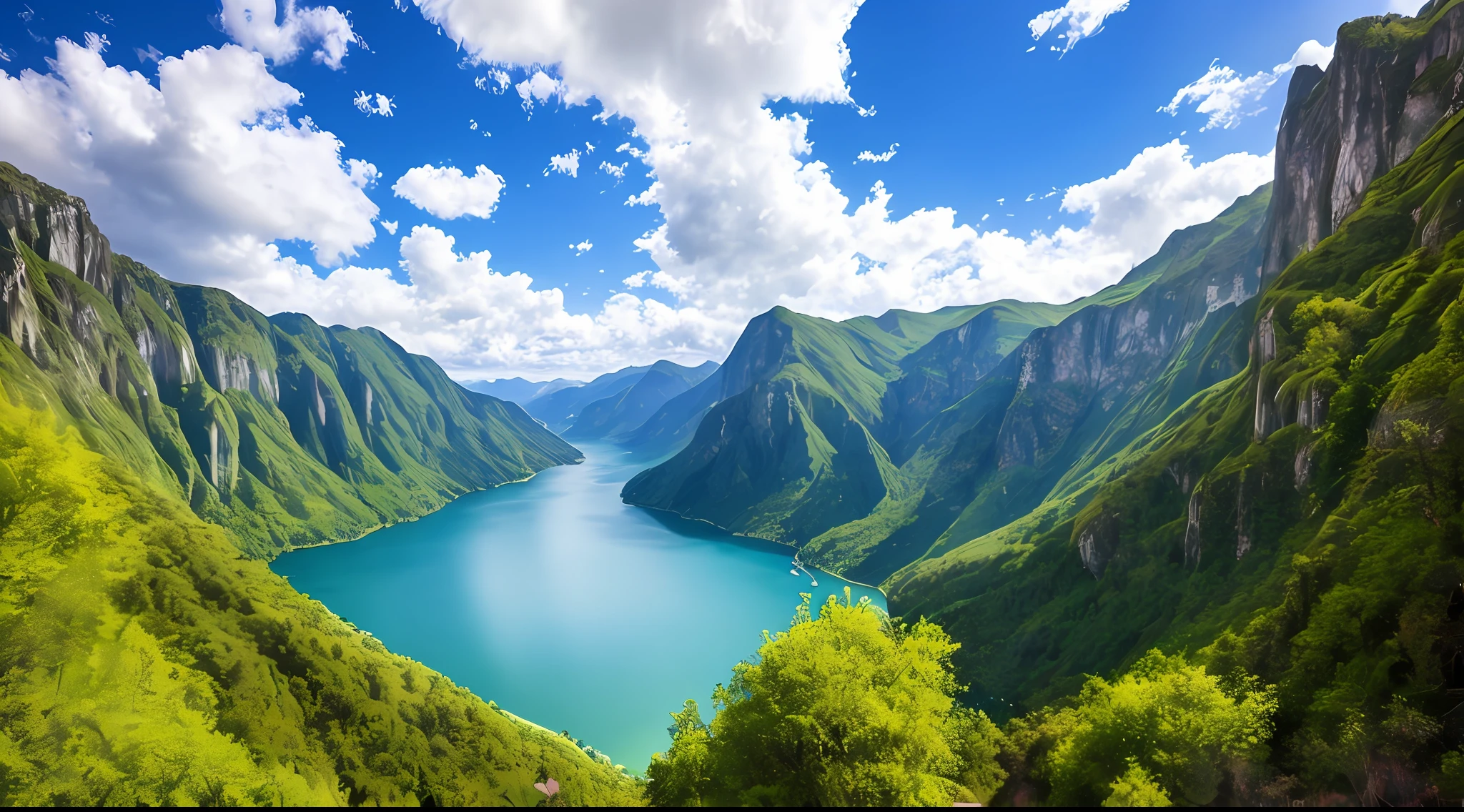 Masterpiece, ultimate quality, Cg unity 8k wallpaper, super delicate, beautiful sky and clouds, rich natural scenery, cliffs, lakes and rivers, waterfalls and flying water, beautiful green mountains, no trace of people, excellent scenery, has already won a photo contest, background Blurring, full depth of field, HDR high dynamics, true restoration, intricate, extreme details, dramatic presentation, perfectly presenting the style of midjourney art.