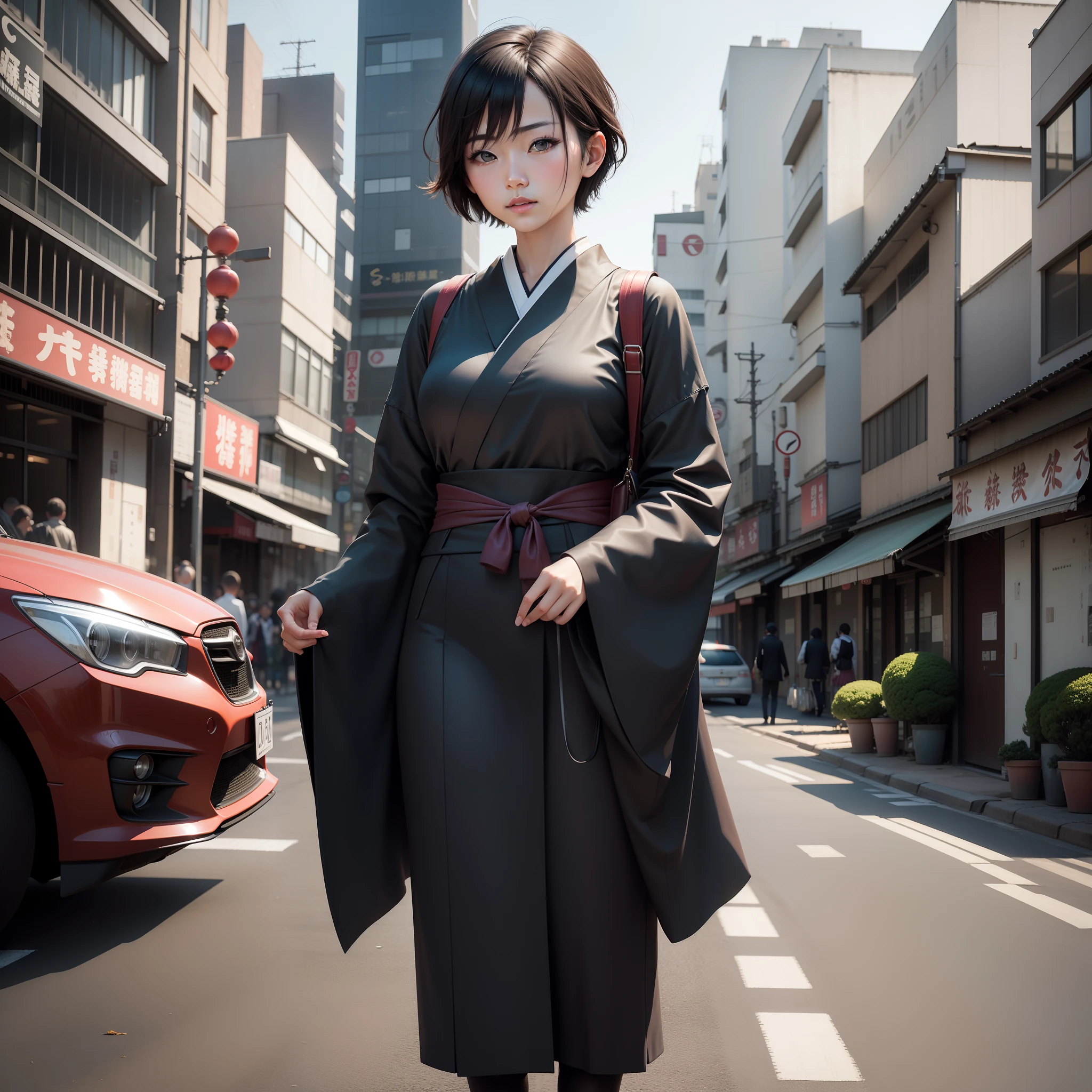 “Generate a realistic image of a Japanese woman with short hair, dressed modestly, in an urban city setting.”